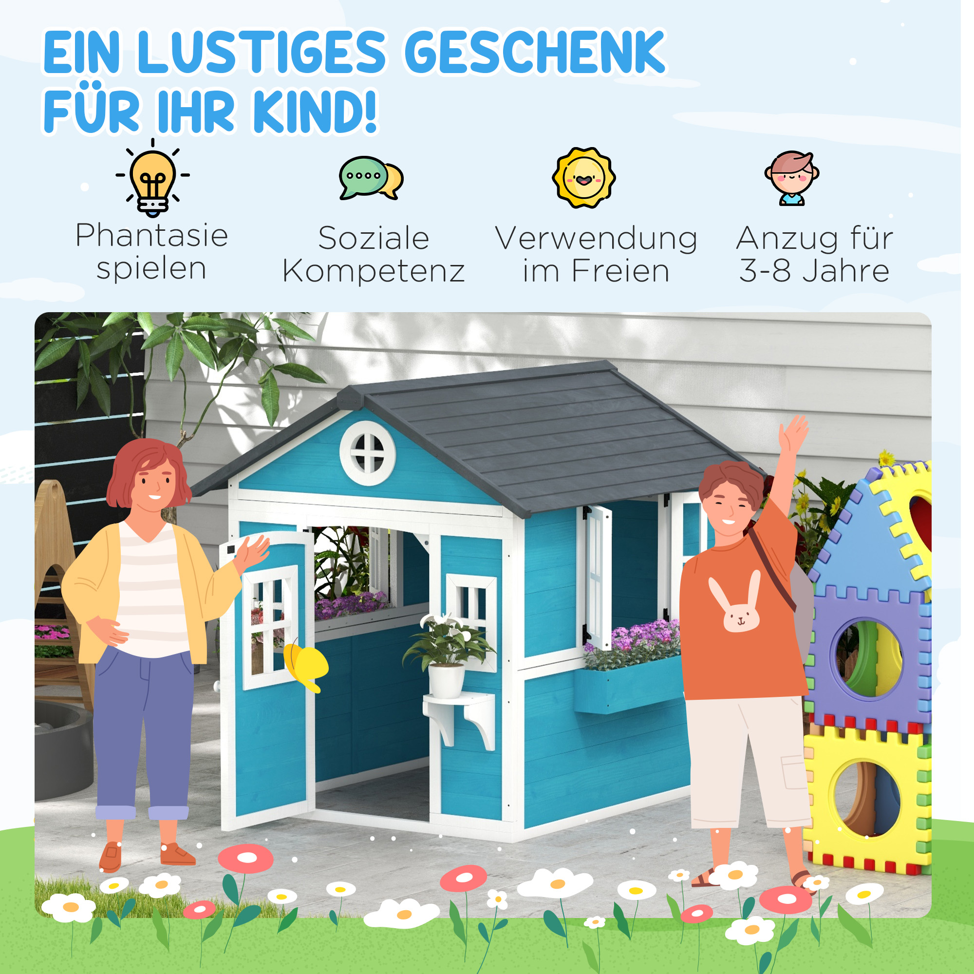Kinderspielhaus, Holz-Spielhaus für Kinder, Outdoor-Gartenspielhaus mit Fenstern, Blumentöpfe, 3-8 Jahre, Blau