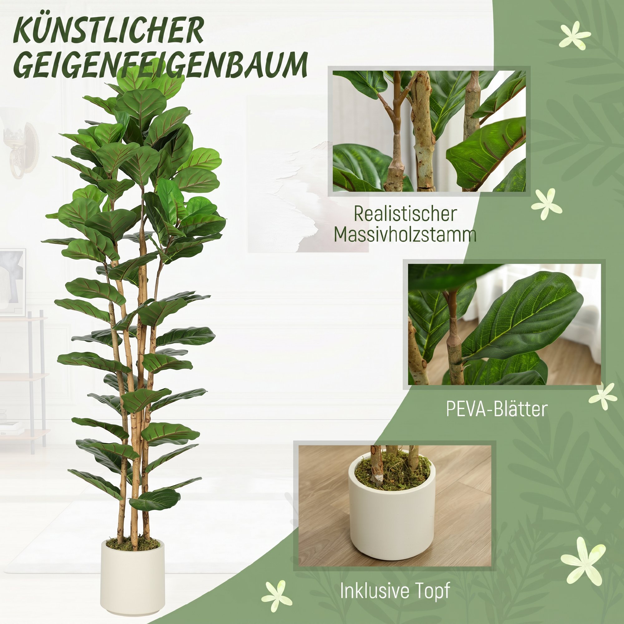 Künstlicher Geigenfeigenbaum Kunstpflanze mit 91 Blättern, Massivholzstamm, Topf, 55 x 55 x 180 cm, Grün