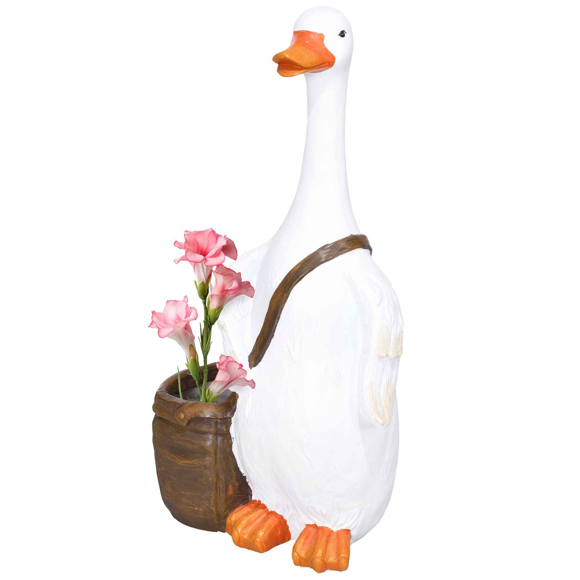 Blumentopf, Schwan mit Umhängetasche, wetterfest, 32 x 18 x 60 cm, Weiß, Braun Blumentopf, Schwan mit Umhängetasche, wetterfest, 32 x 18 x 60 cm, Weiß, Braun