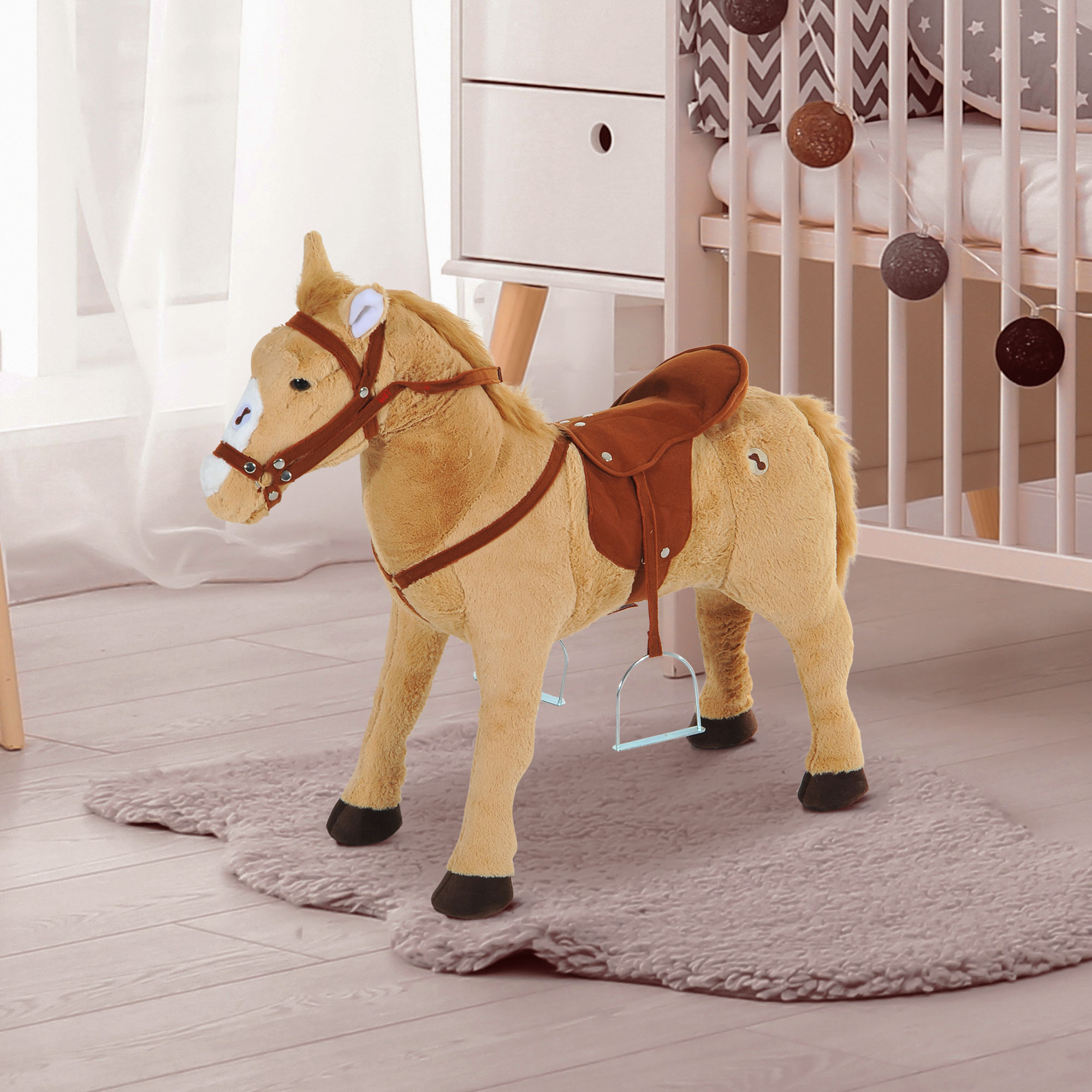 Reitpferd auf Rollen 60 cm Stehpferd mit Sattel, Zaumzeug Steigbügel Sound Spielpferd zum Reiten Draufsitzen Schaukeltier für Kinder ab 2 Jahre, Schaukelpferd Plüschpferd Indoor Outdoor Beige