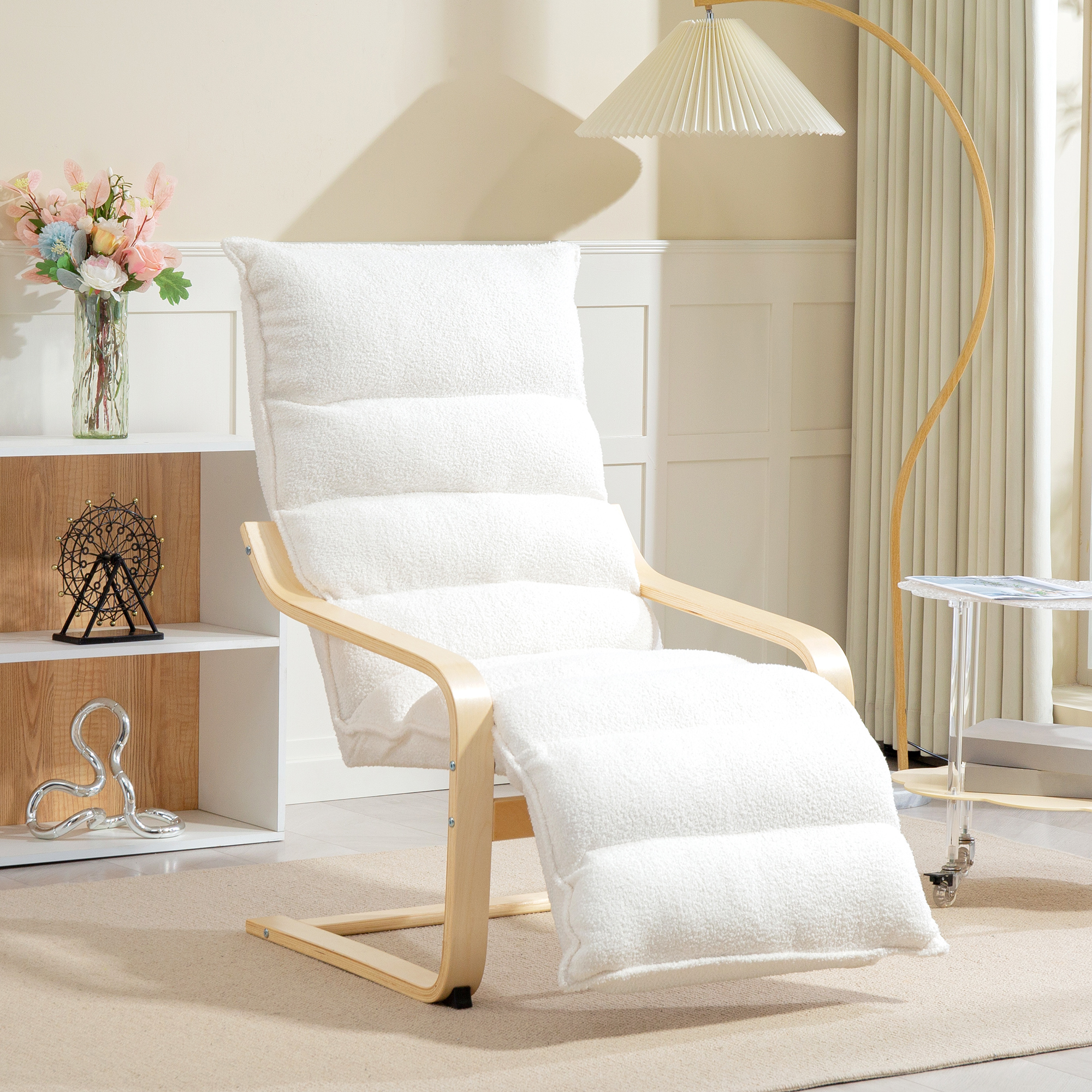 Lounge-Sessel aus Birkenholz, Polstersessel, verstellbare Fußstütze, Weiß