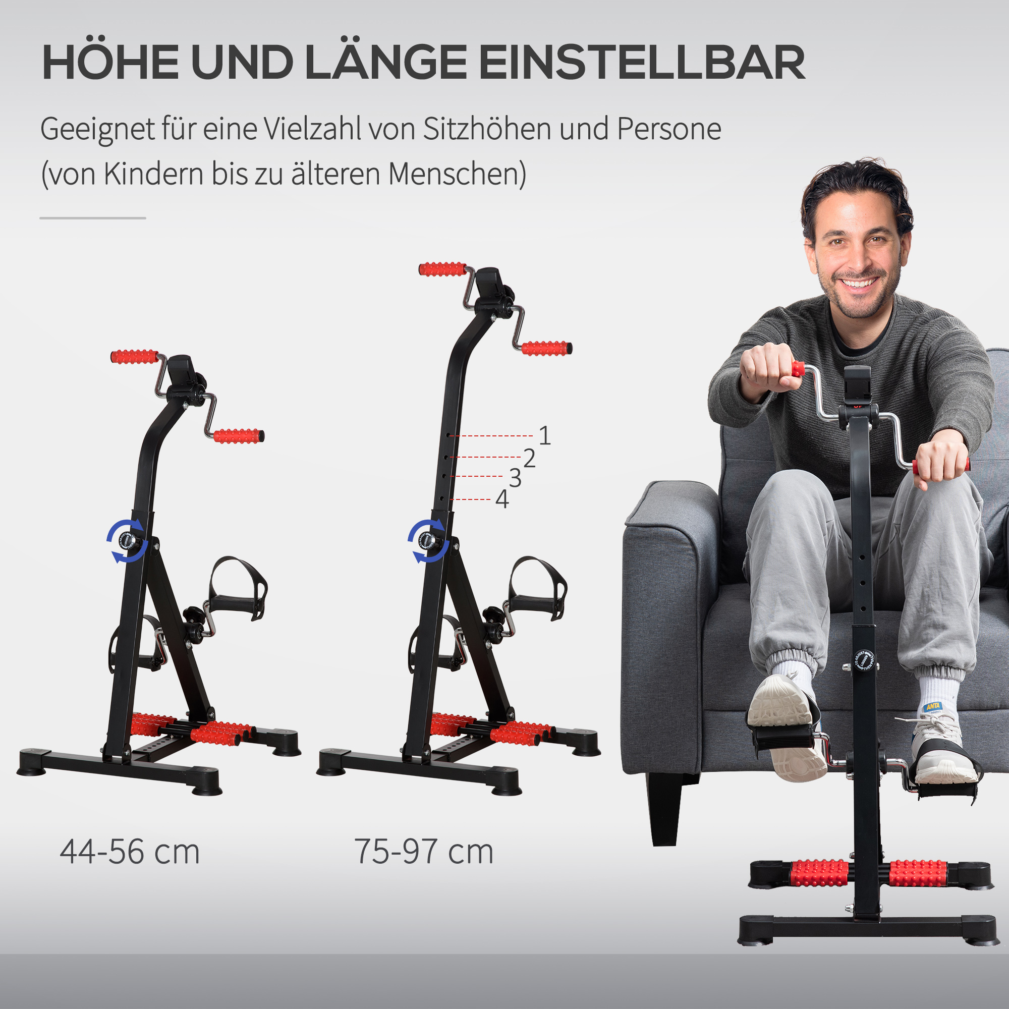 Pedaltrainer für Senioren Höhen- und Längenverstellbar Mini Heimtrainer mit Griff LCD Display Befestigungsband