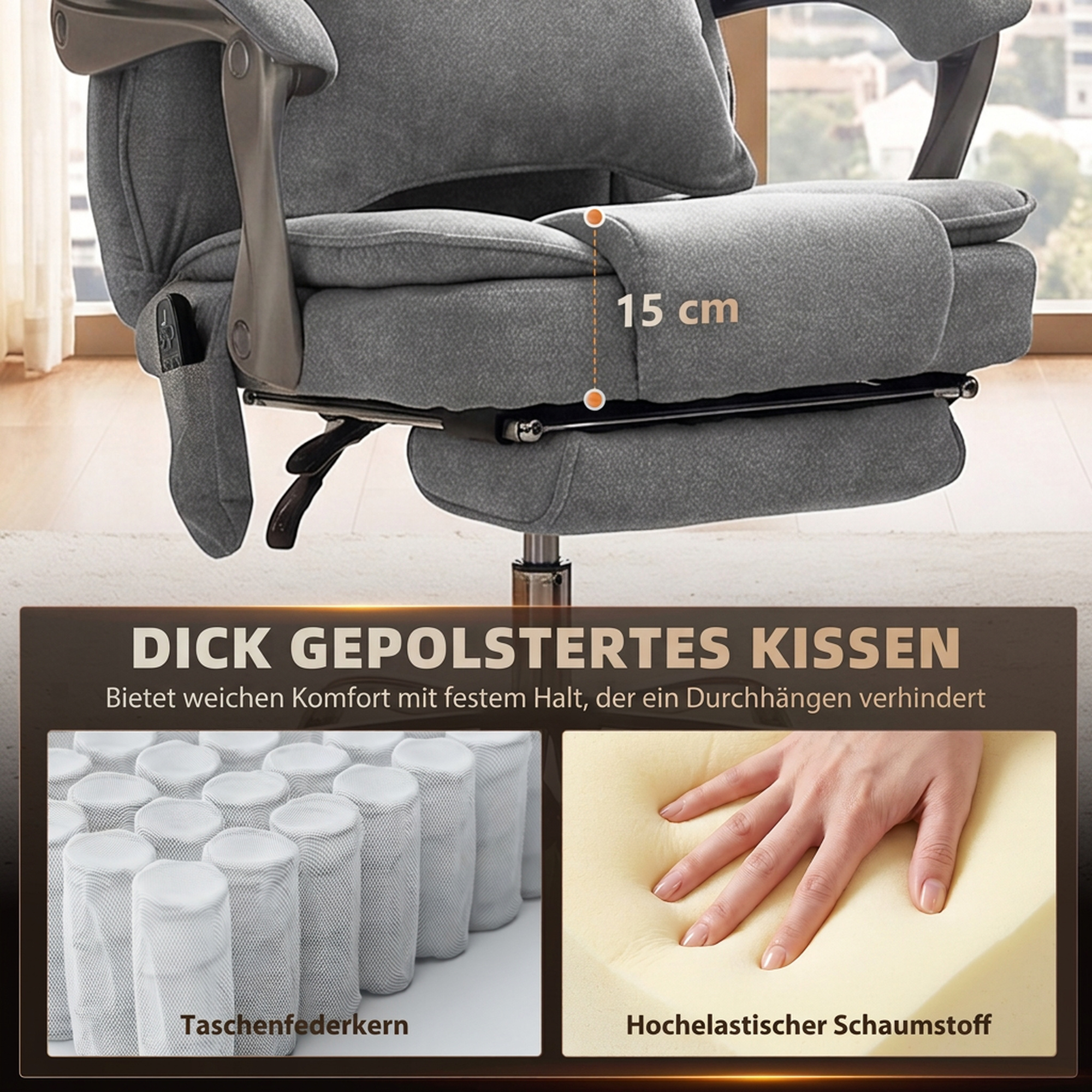Bürostuhl mit Massage- und Wärmefunktion, bis 180 kg, verstellbar, in Leinenoptik, Lendenstütze, breiter Sitz, grau