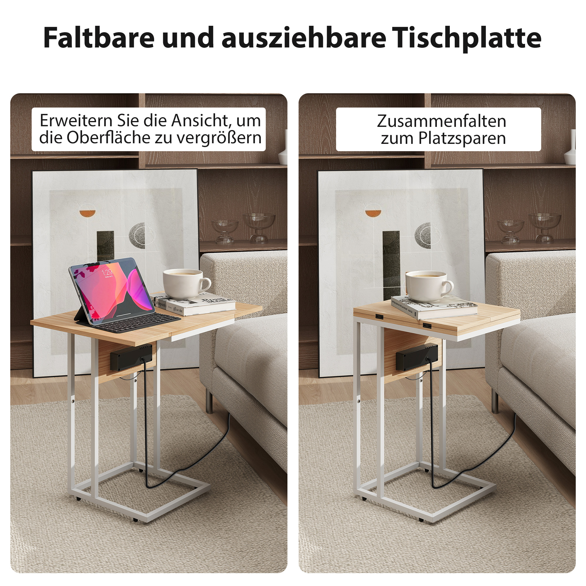 klappbarer Beistelltisch, Ladestation mit USB-Ports, Metall, 39 x 29 x 57 cm, Holzfarben