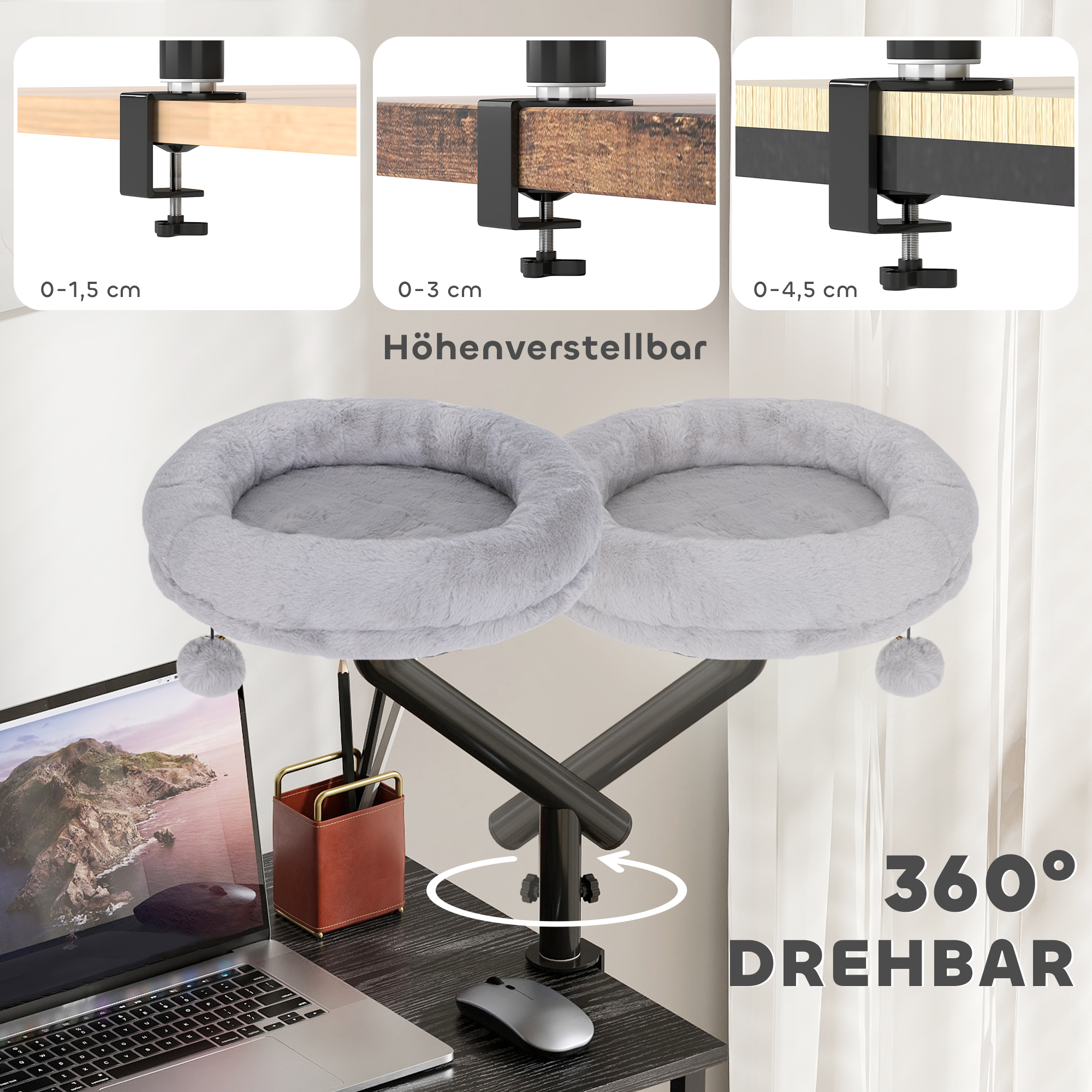 Katzen-Schreibtischbett, Katzenbett für Schreibtisch mit 360°Drehung, verstellbarer Höhe, Katzenliege mit abnehmbarem, maschinenwaschbarem Bett, für Katzen unter 6 kg, Heimbüro, Grau