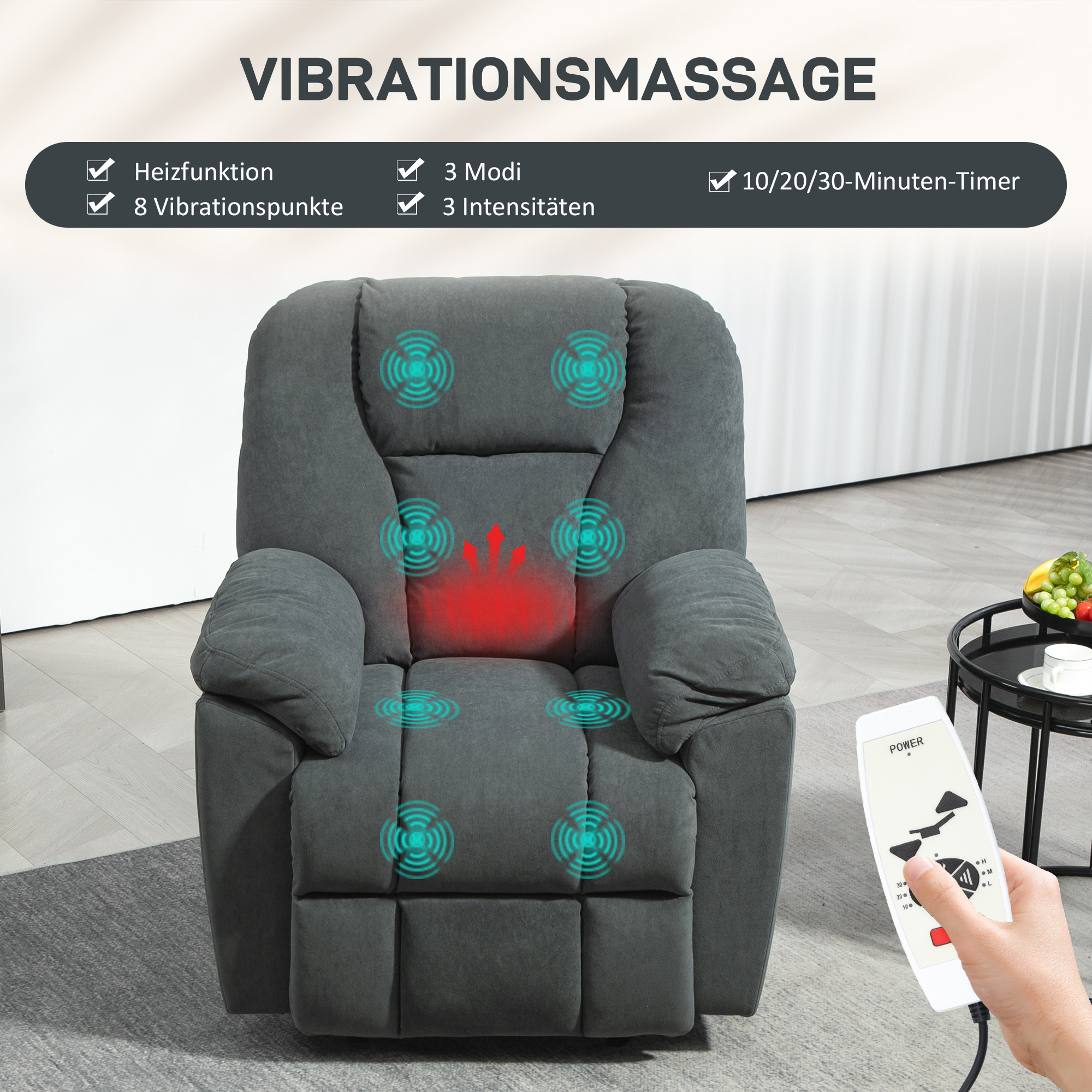 Elektrischer Relaxsessel mit Massage- und Wärme-Funktionen, Polstersessel mit USB-Anschluss, Seitentaschen, Grau