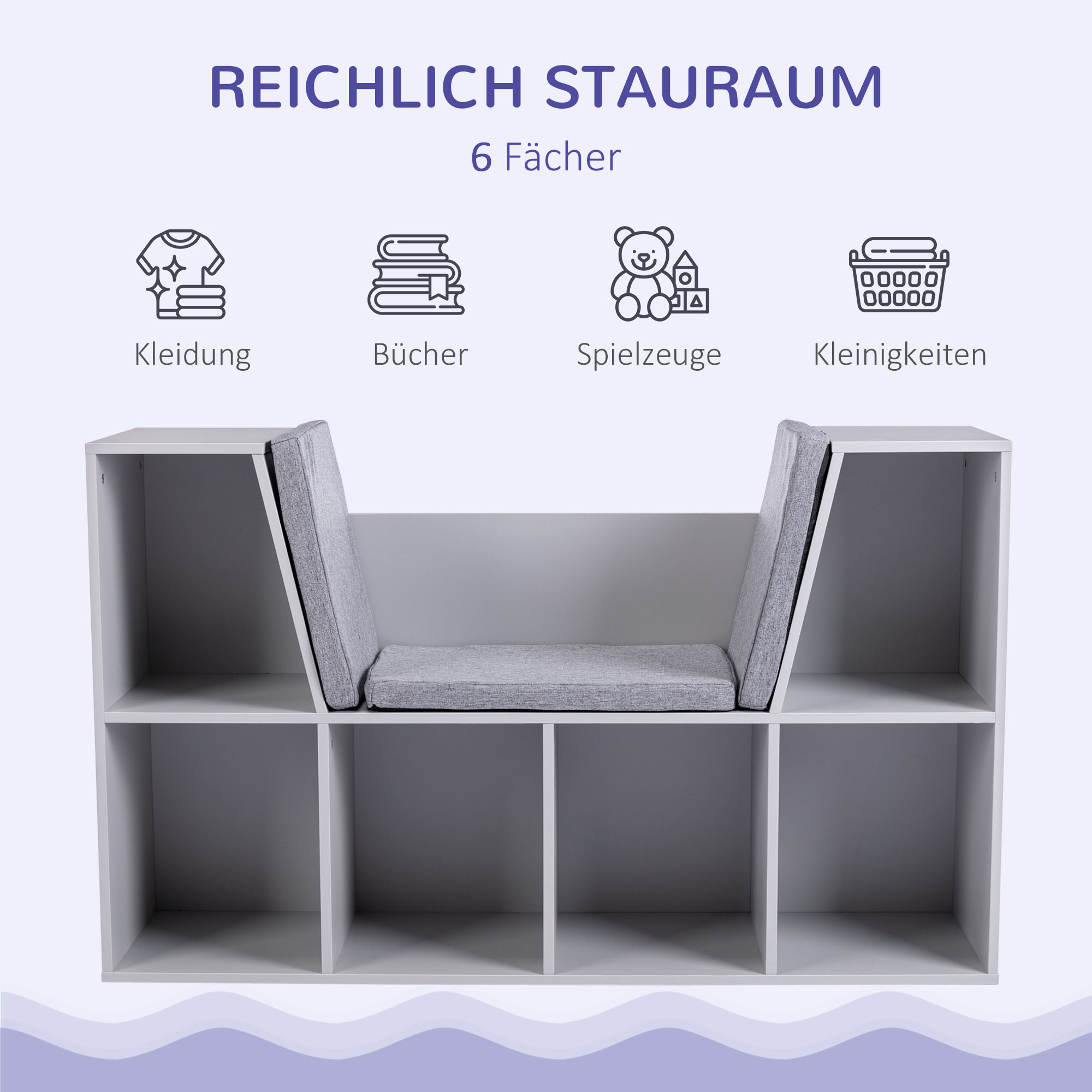 2-in-1 Kinderregal Regal + Sitzbank inkl. Polster 103 cm × 30 cm × 62 cm Weiß + Grau