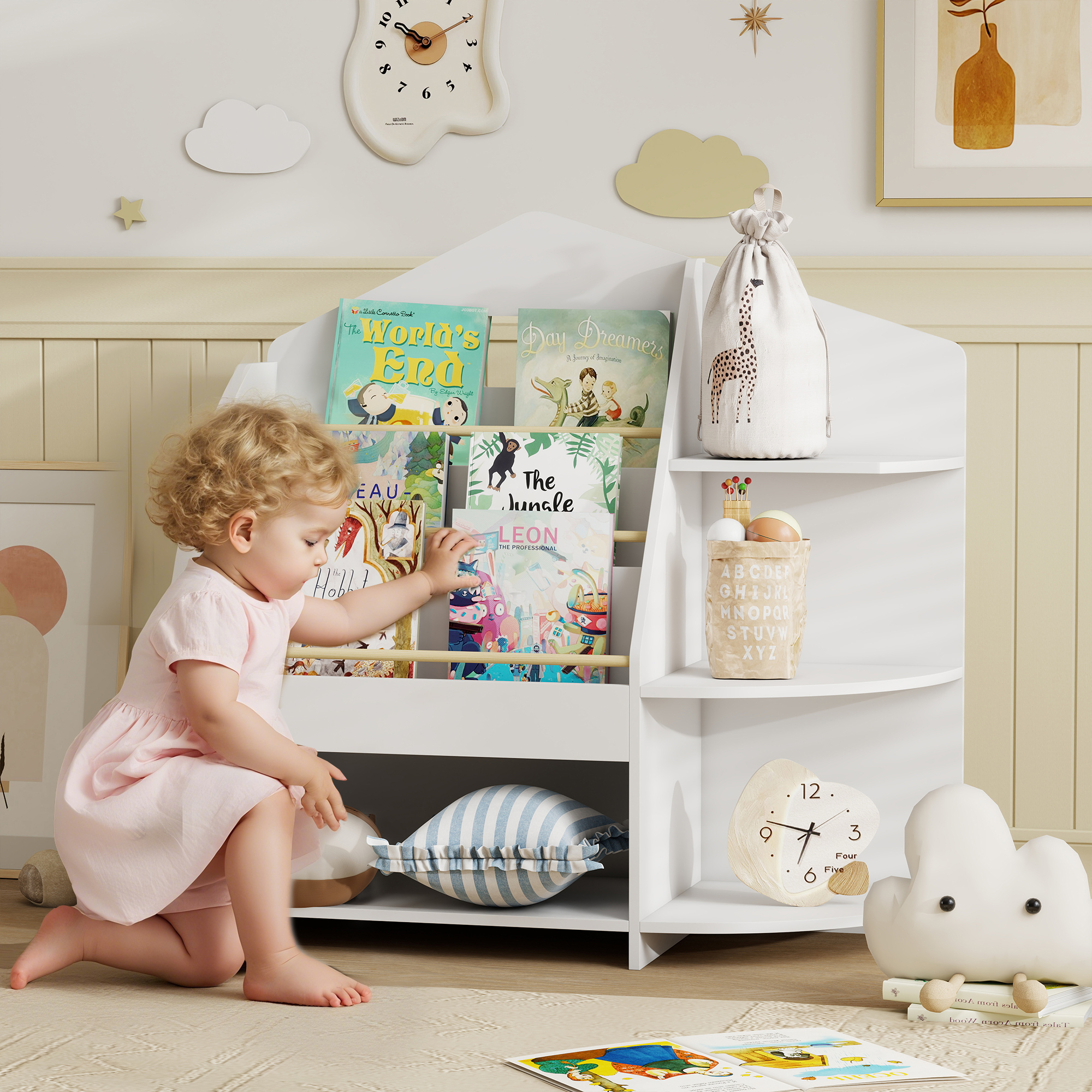 Kinderregal mit 7 Regalen für Bücher, Spielzeug, runde Kanten, trägt 40 kg, Weiß