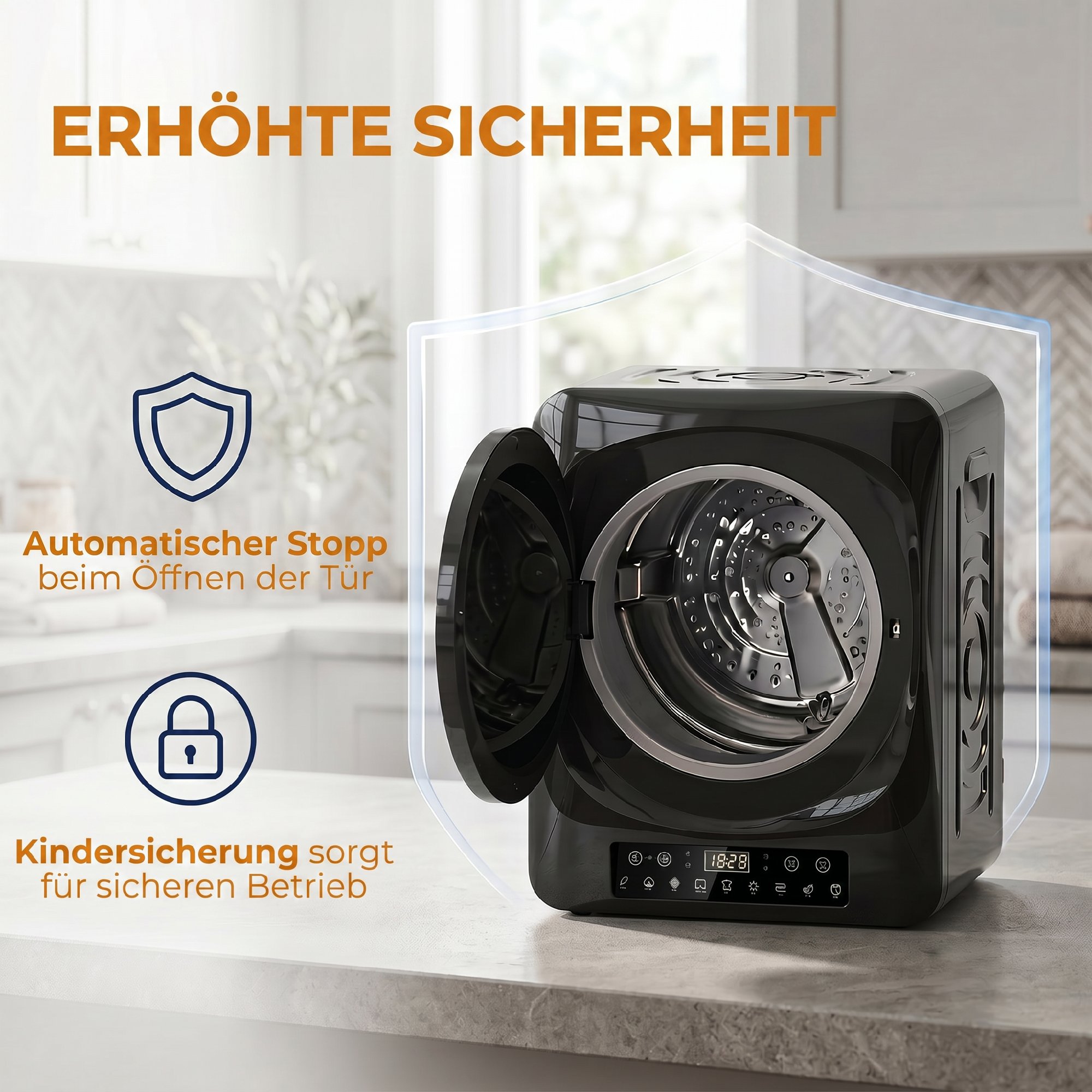 1000 W Kompakt-Ablufttrockner mit Extra-Trocken & ECO-Modi, Timer- und Temperatureinstellungen, Schwarz