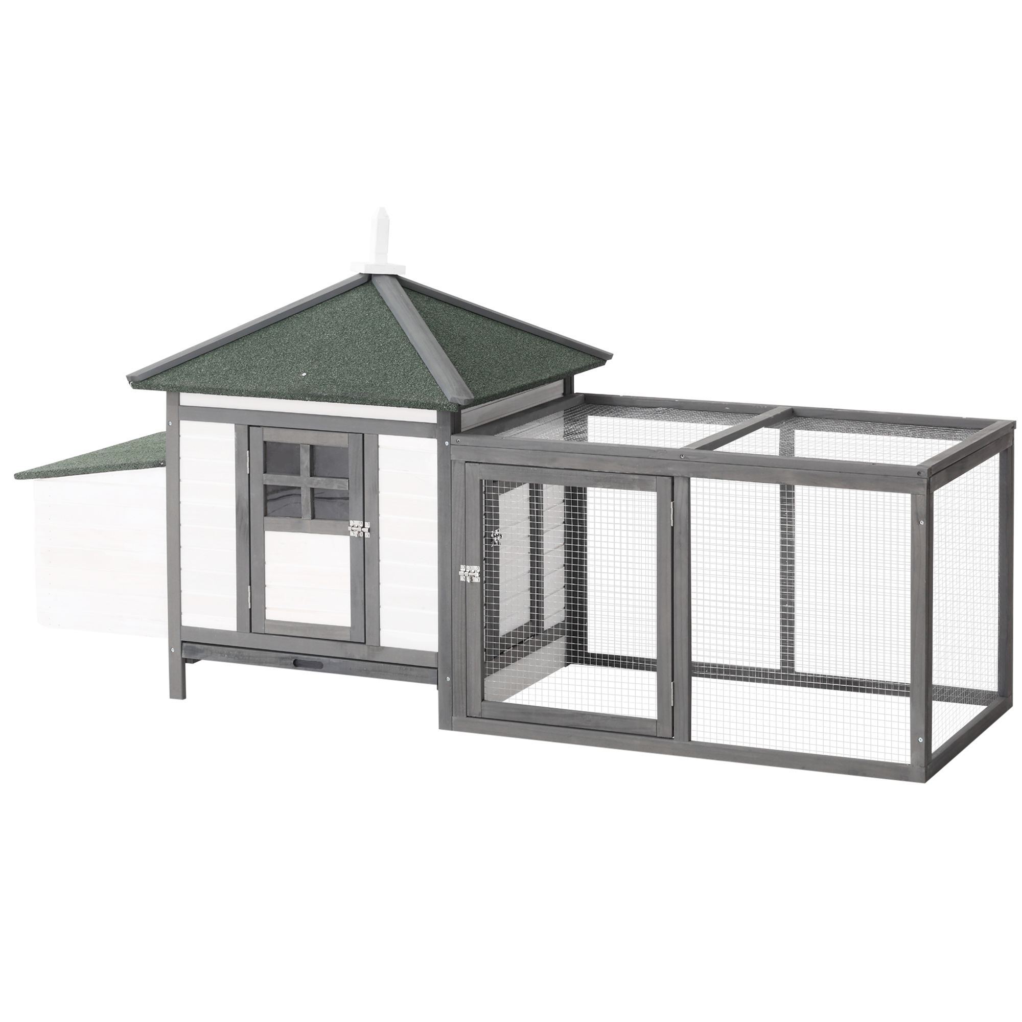 Hühnerstall für Zwerghühner 196 x 76 x 97 cm witterungsbeständig Hühnerhaus mit Nistkasten, Freilaufgehege Sitzstange, Kleintierstall aus Holz für 1-2 Hühner, Grau