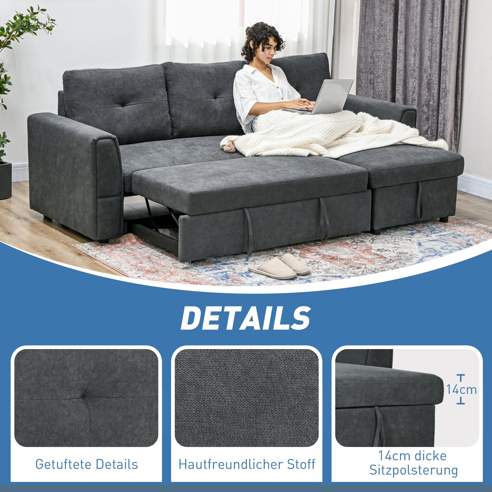3-Sitzer-Sofa mit Bettfunktion, Schlafsofa mit Chaiselongue, Polstersofa, Dunkelgrau