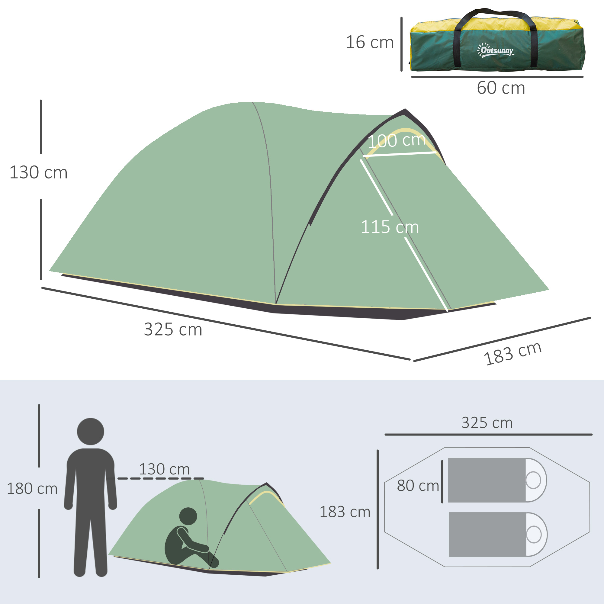 Zelt für 2 Personen 190T Campingzelt mit Heringen Kuppelzelt Glasfaser Polyester Grün+Gelb 325 x 183 x 130 cm