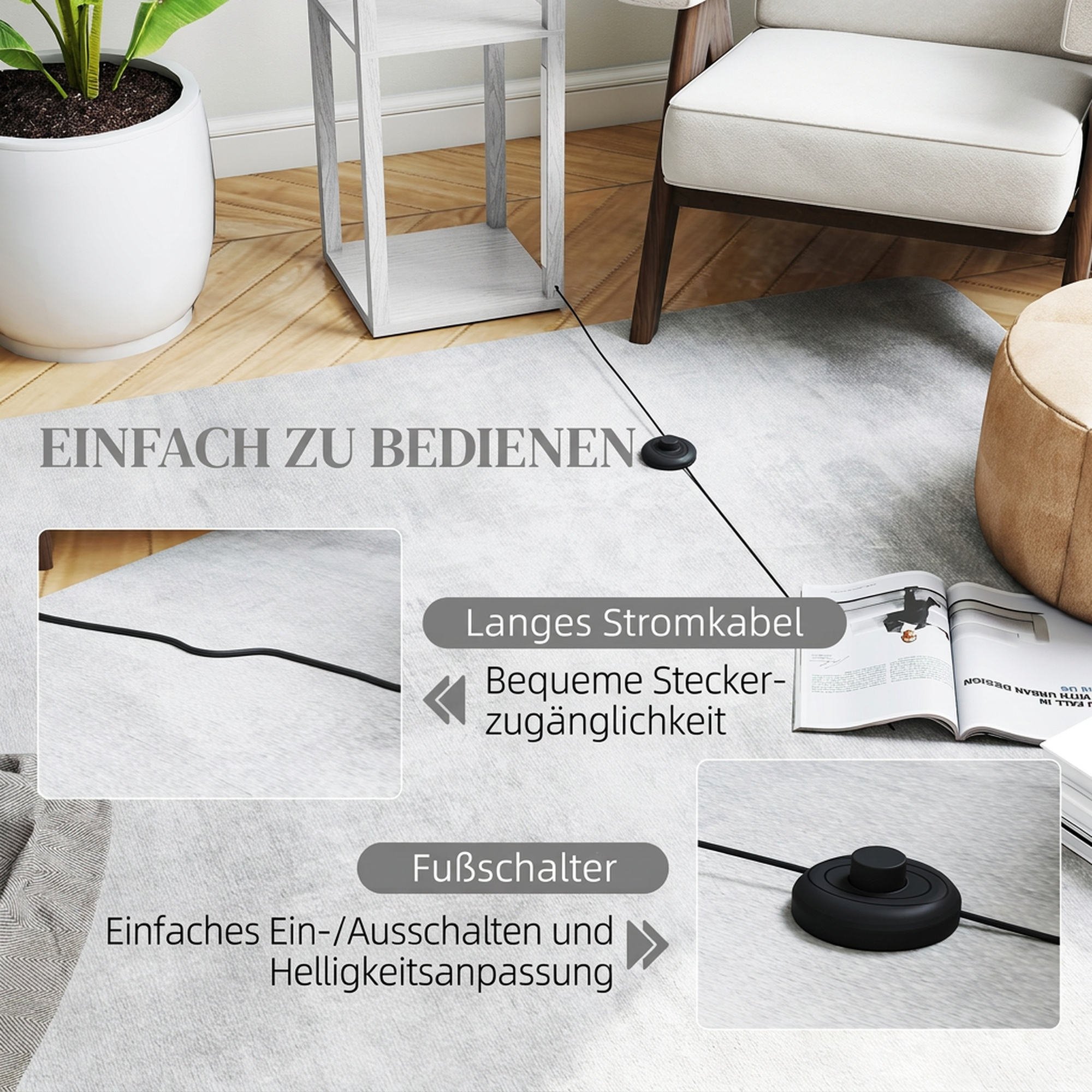 LED-Stehlampe mit Regalen, moderne dimmbare Standleuchte mit 3 Helligkeitsstufen und Fußschalter, Weiß