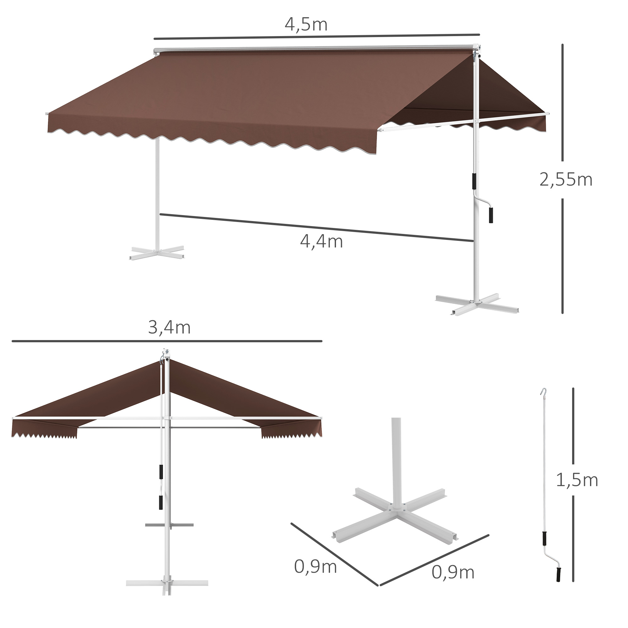 Freistehende Markise 4,5x3,4m, neigungsverstellbar, Kurbel, Metallgestell, Braun