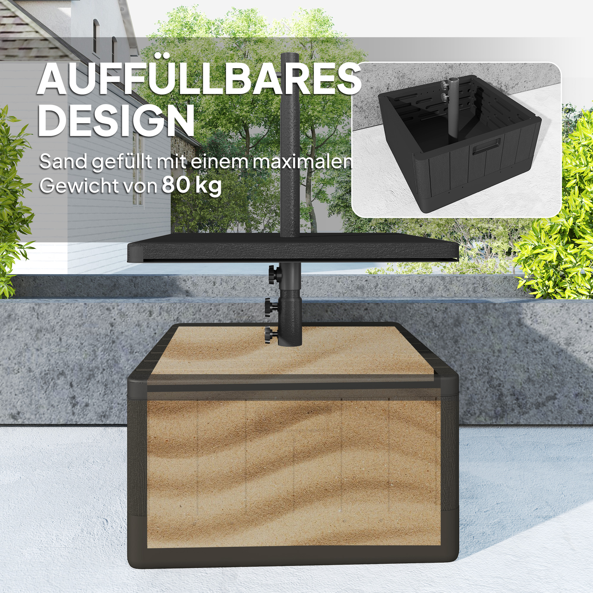 Terrassenschirmständer, Gartenschirmständer mit Tischplatte, Terrassenschirmbasis, Kunststoff, Schwarz