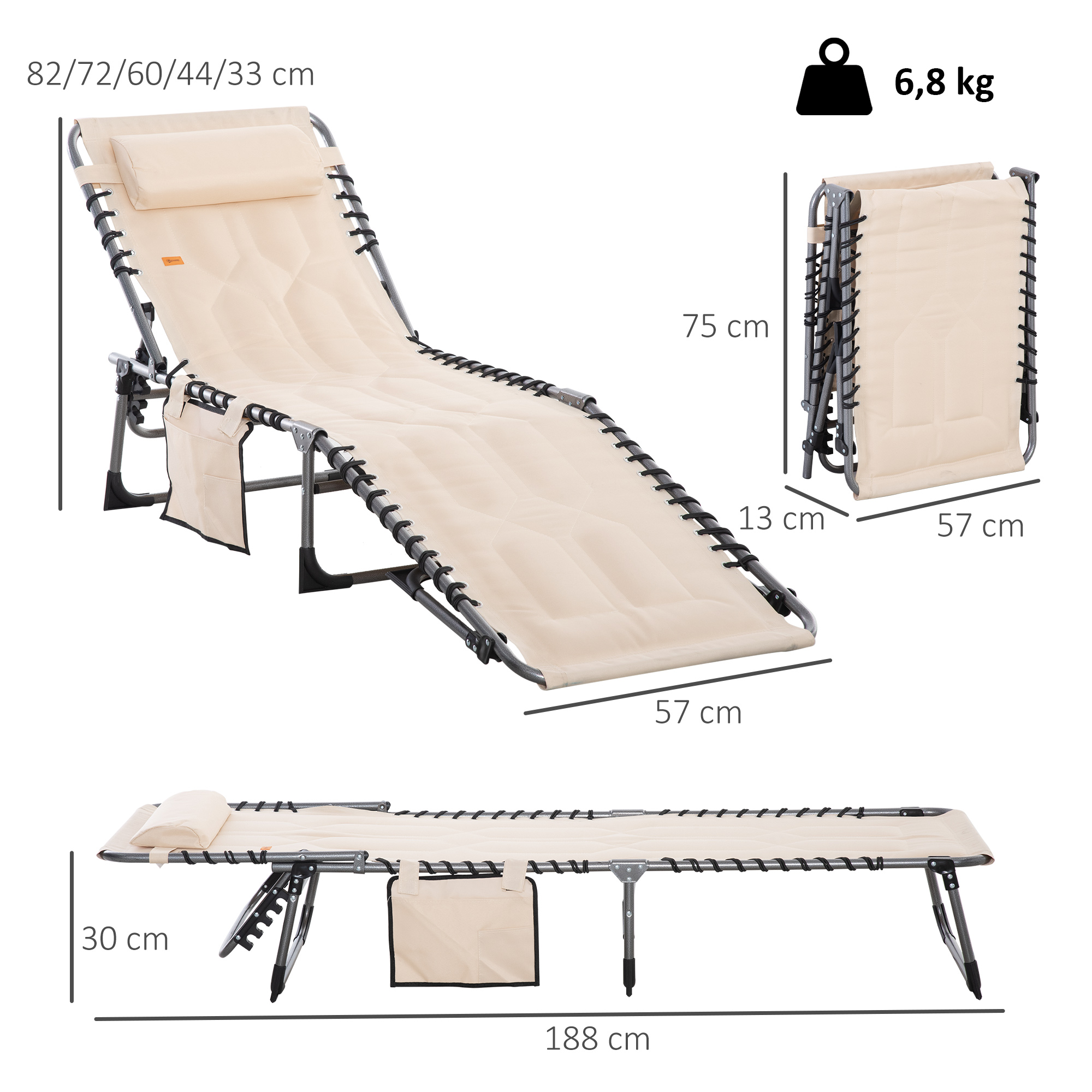 Sonnenliege, Faltbare Gartenliege, Klappliege mit Kissen, 5-stufige Rückenlehne, Oxfordstoff, 188 x 57 x 30 cm, Beige