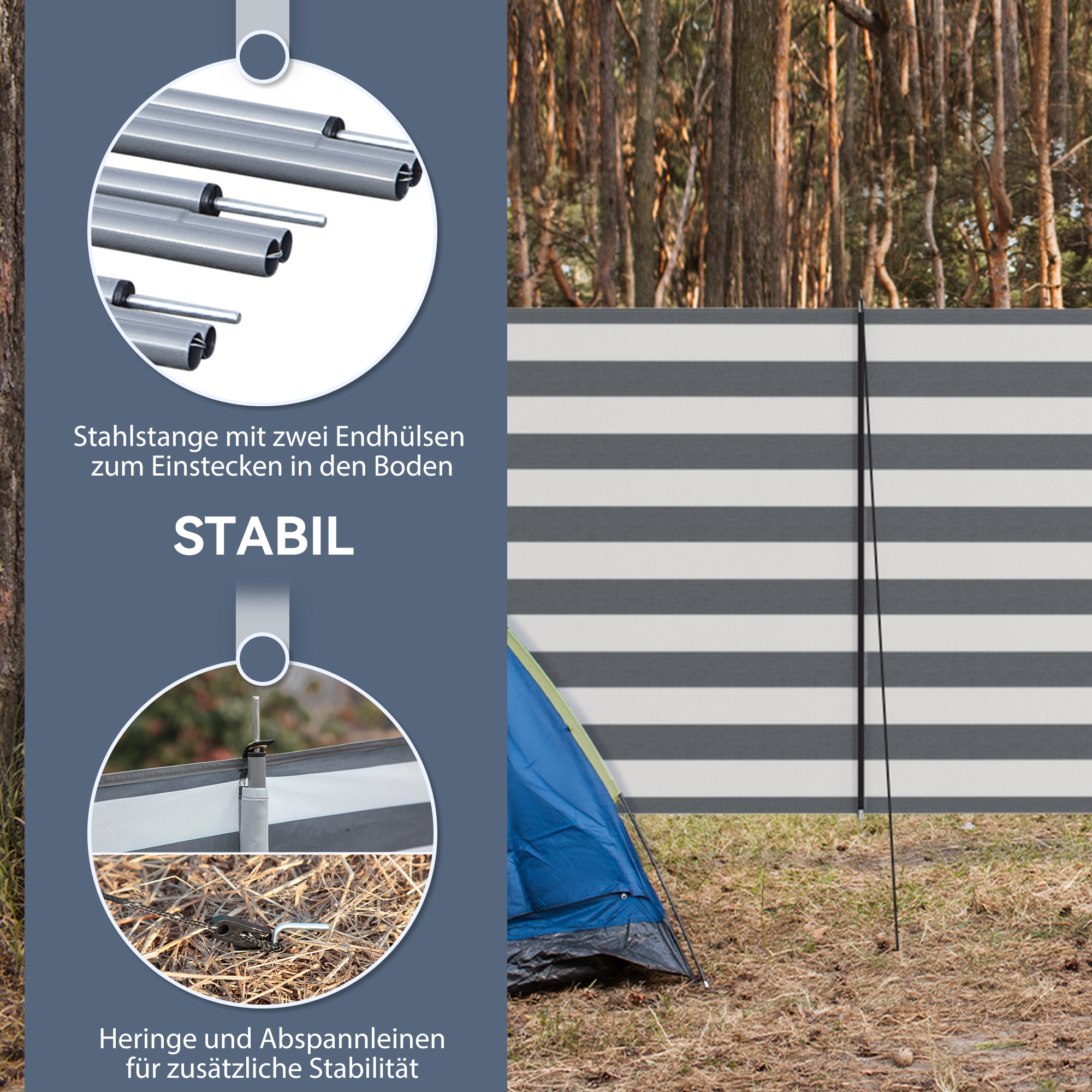 Windschutz Camping Sichtschutz mit 4 Stahlstangen Tragetasche Strandschutz für Camping Garten Strand 540 x 150 cm Grau+Weiß