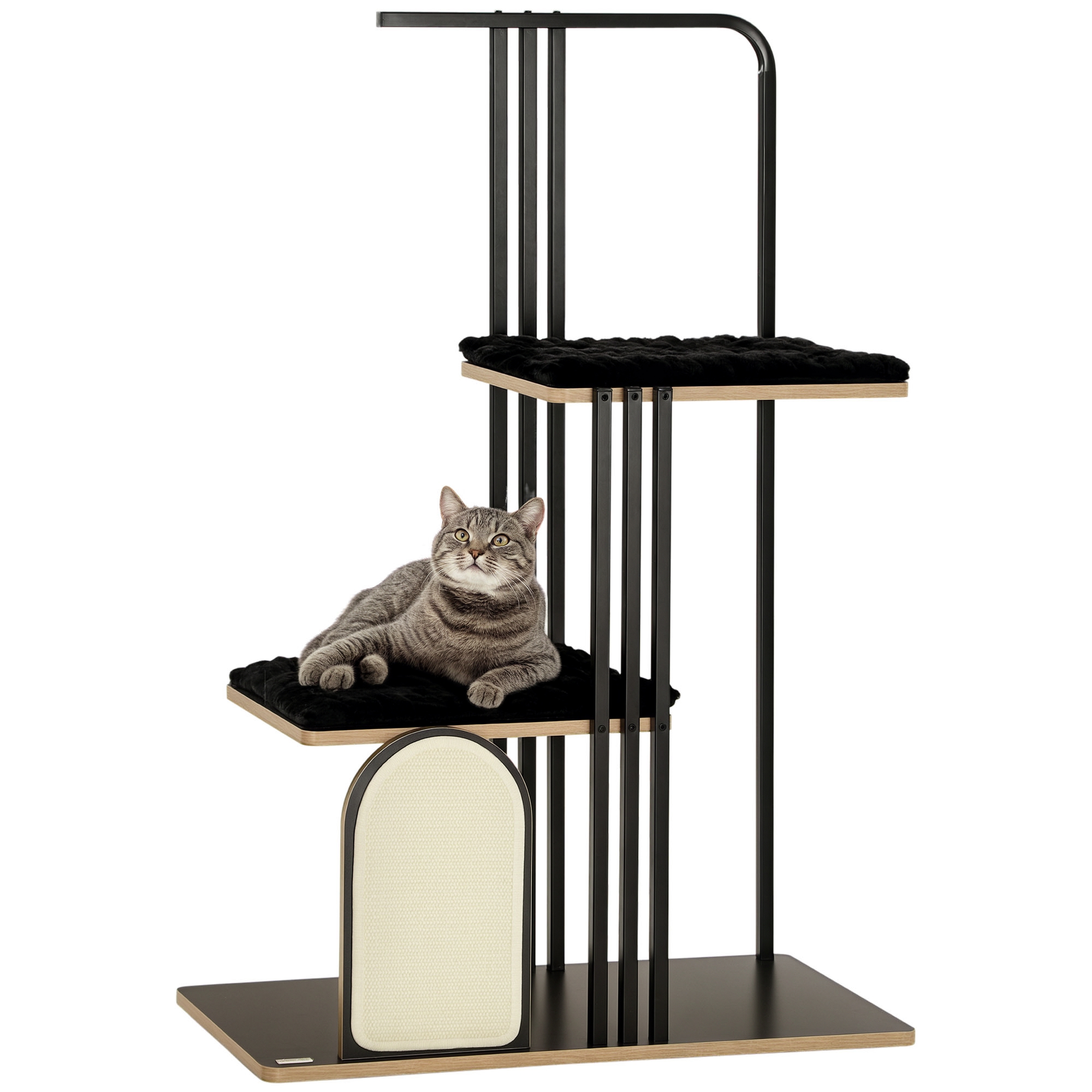 Kratzbaum, Industrial Design, 2 Plattformen, 2 Liegekissen, Kratzwand, Stahlrahmen, schwarz, 85 x 48 x 128 cm