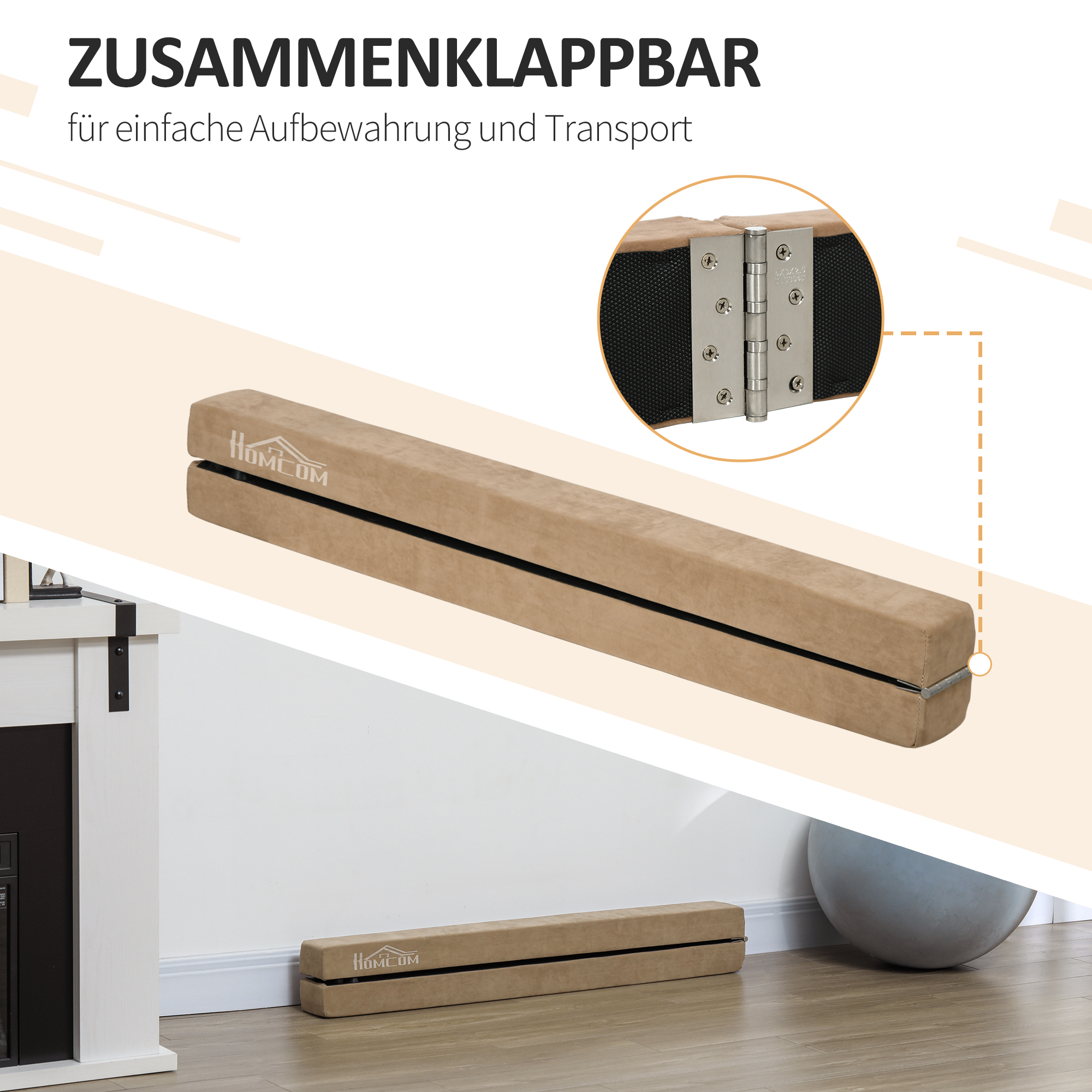 Faltbarer Schwebebalken, rutschfest, Wildlederbezug, robustes Holz, 210 x 10 x 6,5 cm, Braun