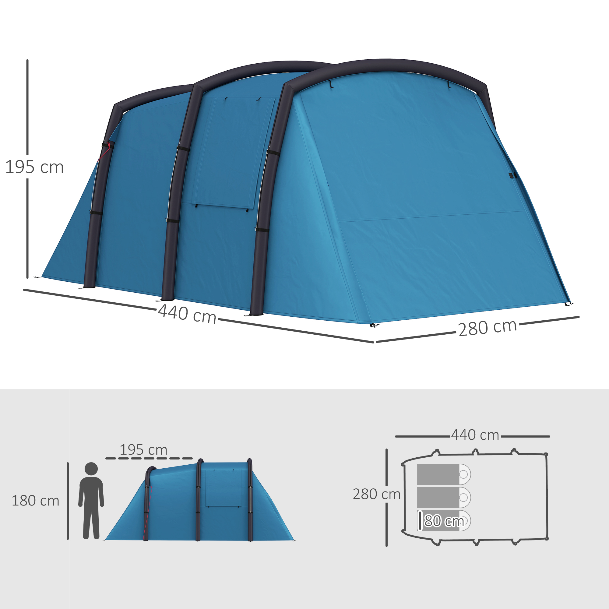 Aufblasbares Campingzelt 3-6 Personen Outdoor Tunnelzelt mit Seitenfenstern Tür Luftträger 4,4 x 2,8 x 1,95 m Blau