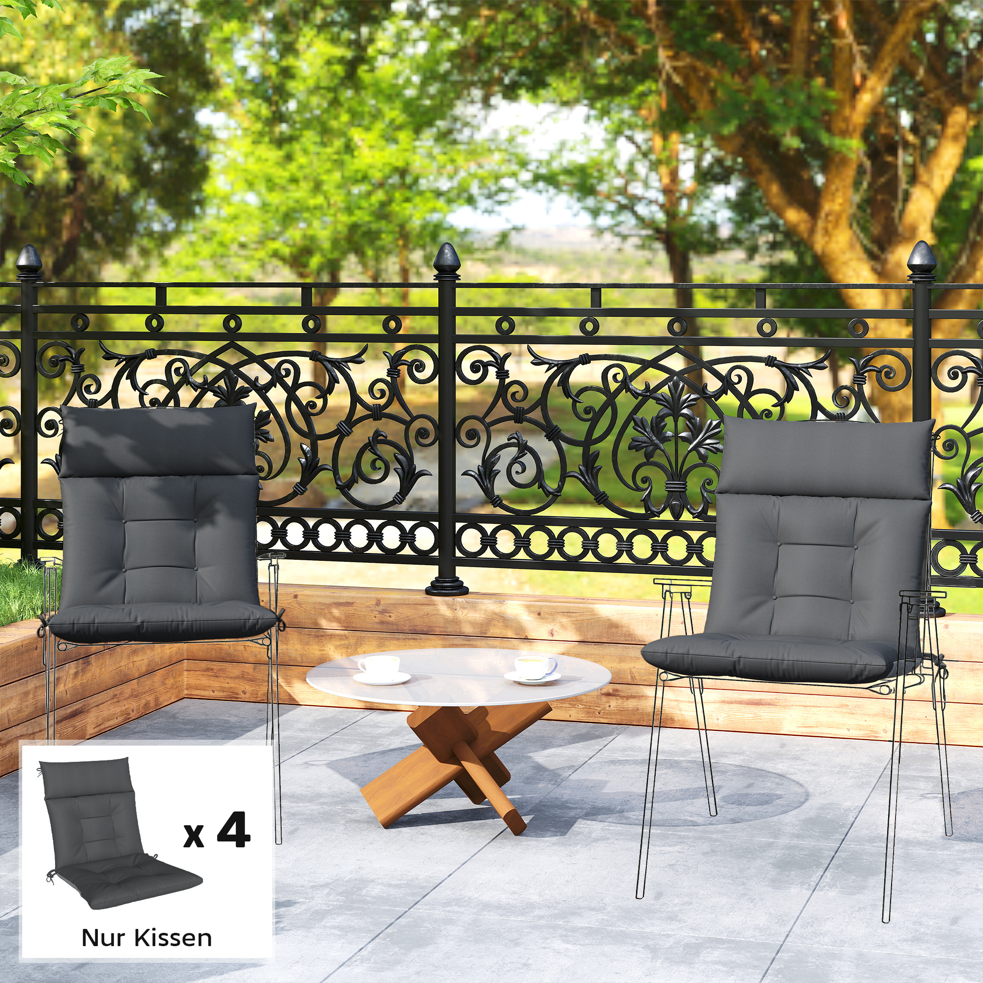 4er Set Sitzkissen wasserabweisend rutschfest Stuhlkissen mit Bändern, Indoor Outdoor 111,5 x 53 x 8 cm Dunkelgrau