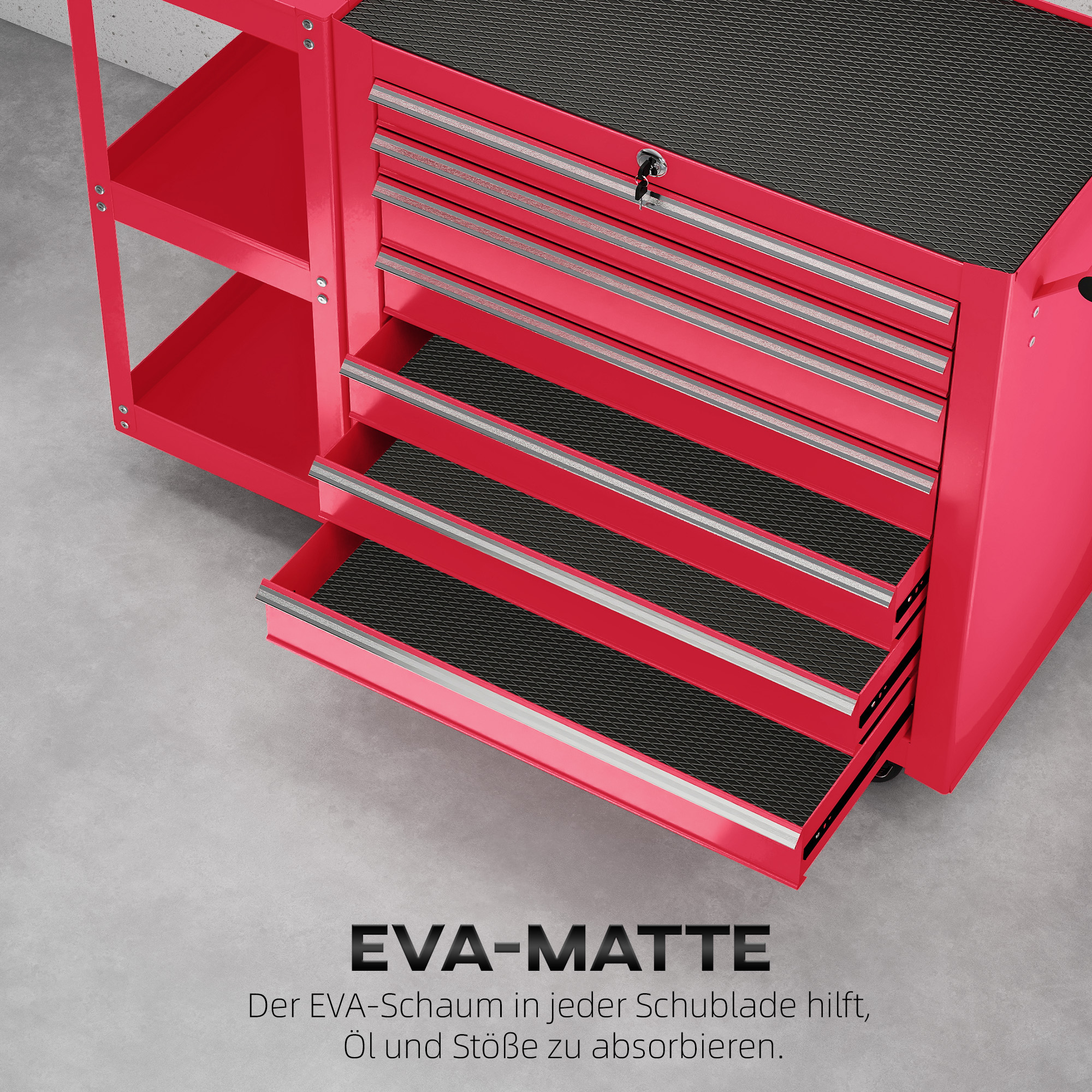 Werkstattwagen Werkzeugwagen mit 7 Schubladen abnehmbar Seitenregal 4 Rollen mit Feststellbremse, 96x33,5x75cm, Rot