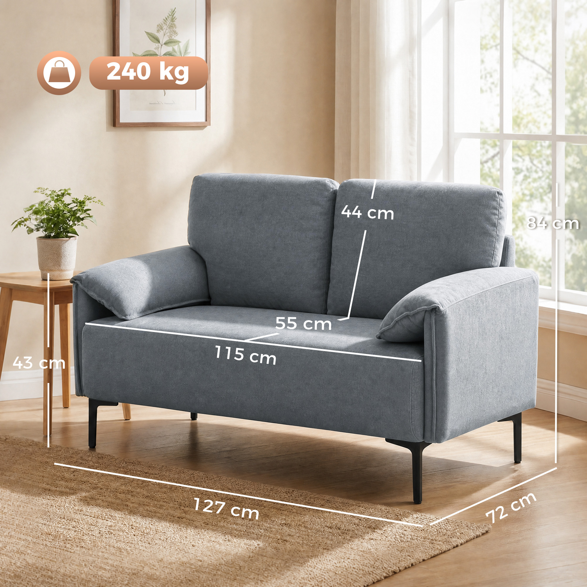 2-Sitzer-Sofa, dicke Kissen, samtiger Bezug, Polstersofa, Schwarz