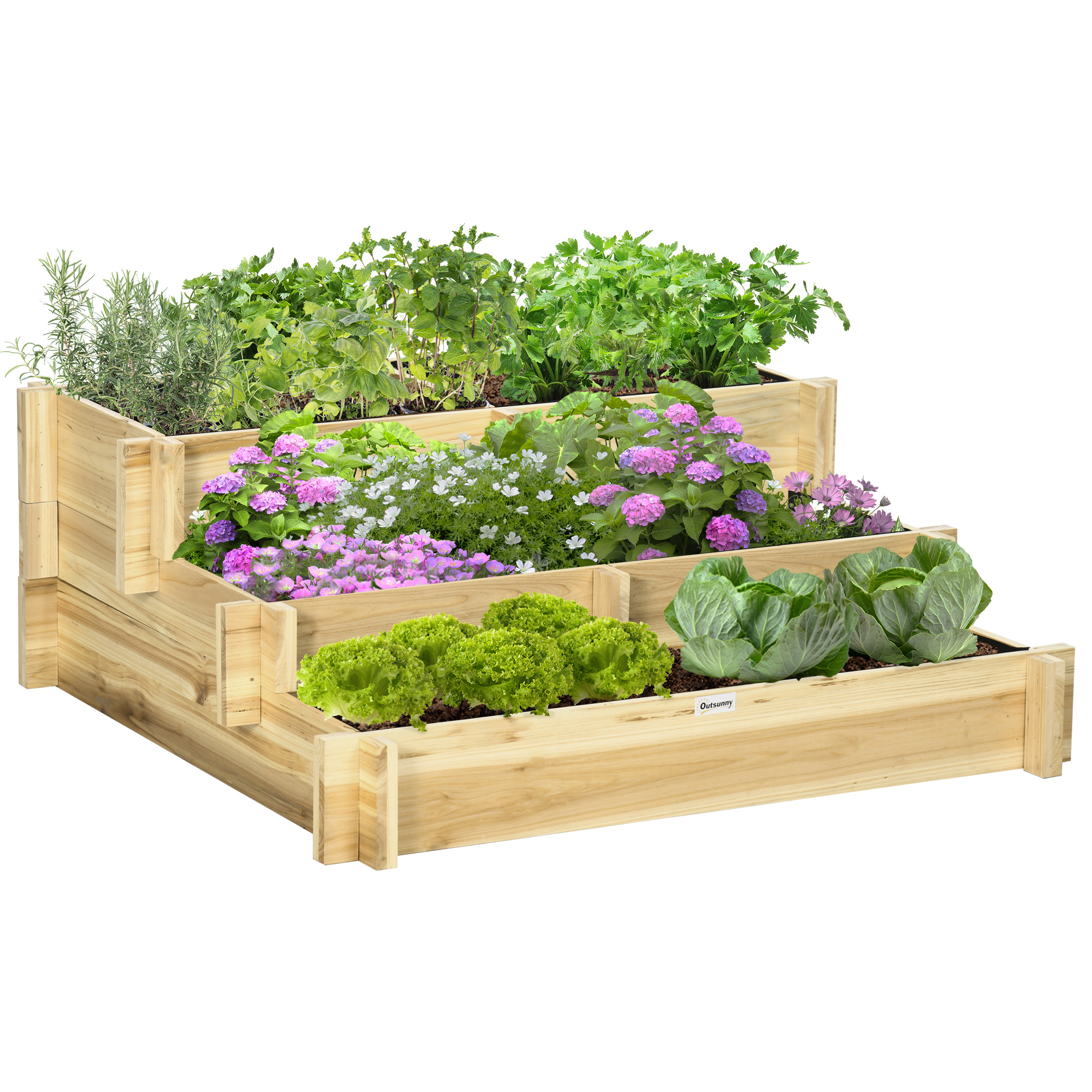 Hochbeet, Blumenkasten, 3-stufig, Drainageöffnung, Stoffauskleidung, Naturholz, 93 x 93 x 35 cm