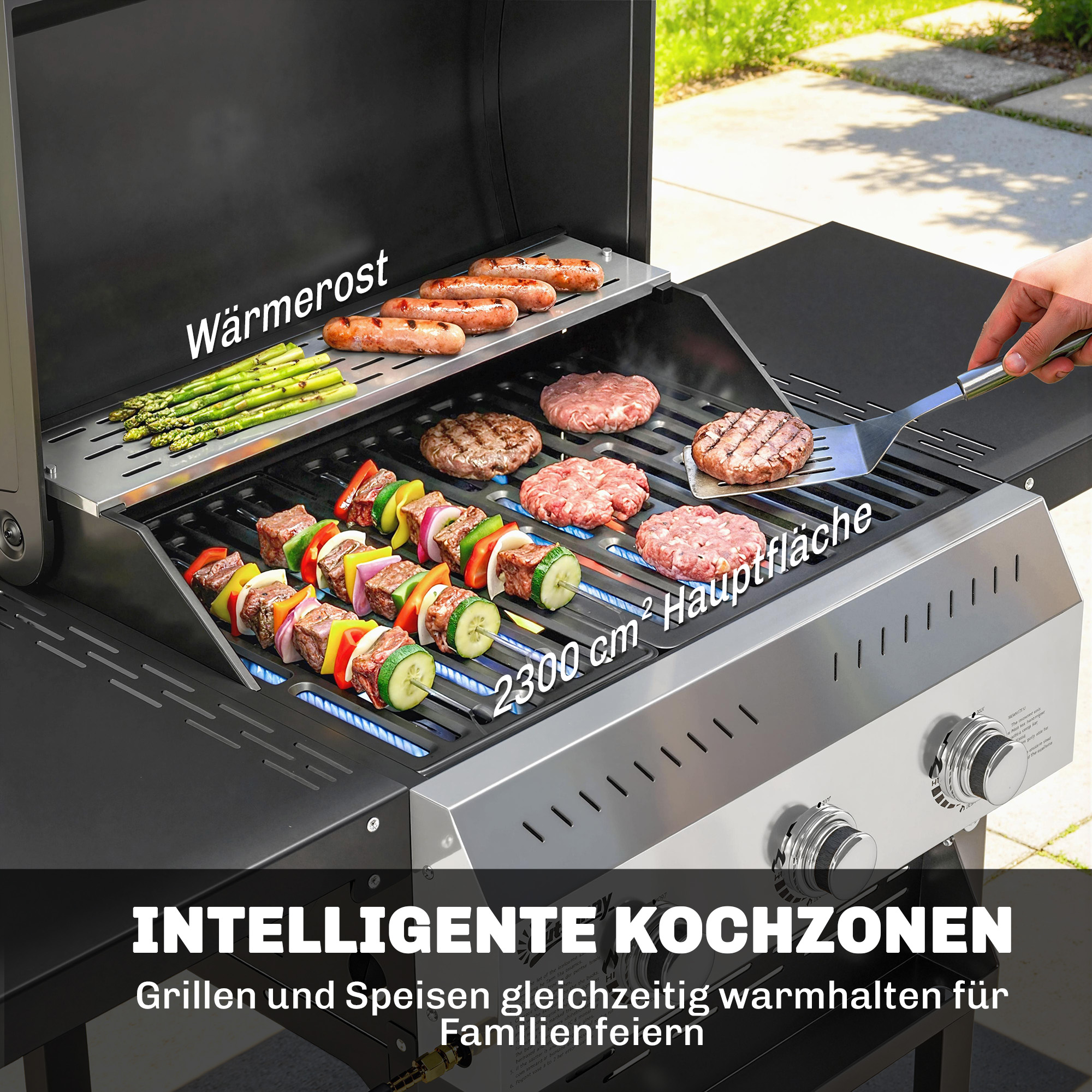 Gasgrill 9kW 3 Brenner BBQ Grillwagen Edelstahl inkl klappbar Seitentisch Gewürzhalter Unterregal 6 Haken