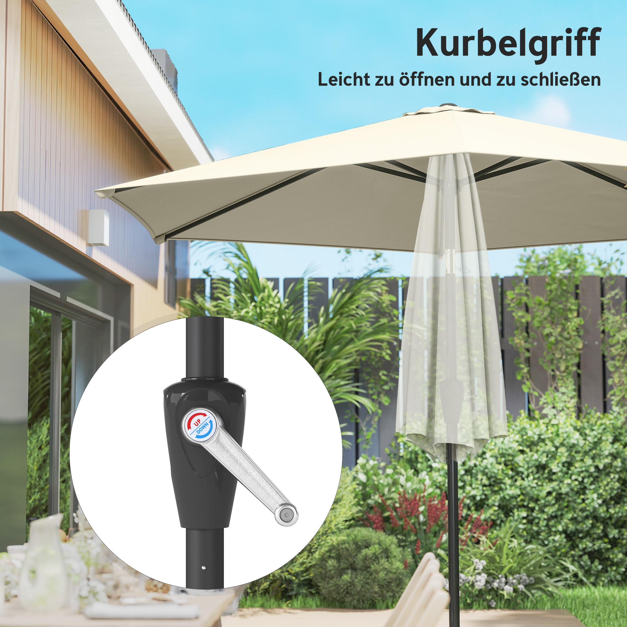Sonnenschirm 270 cm knickbar Balkonschirm mit Kurbel UV 50+ Gartenschirm Cremeweiß