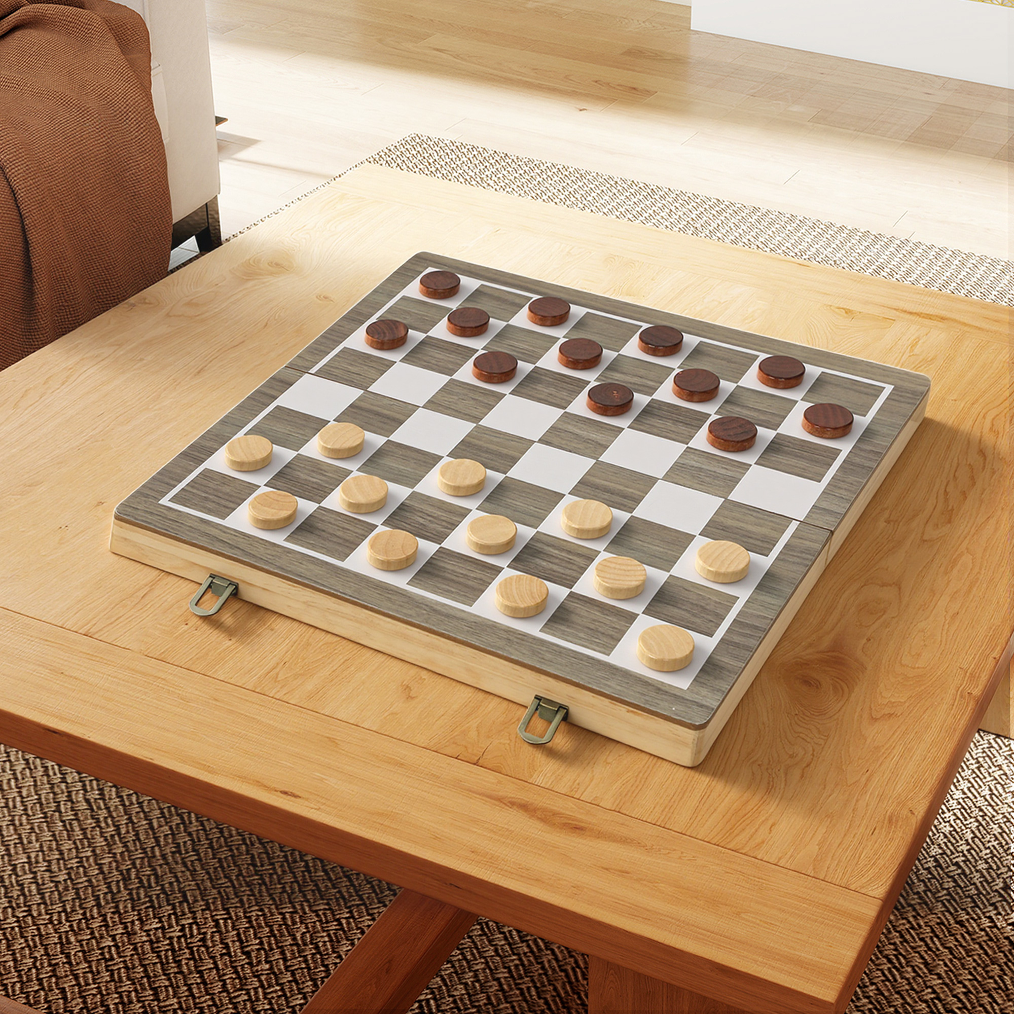 faltbares Spiele-Set, Schach und Dame, kompakter Koffer, Walnuss, Zubehör