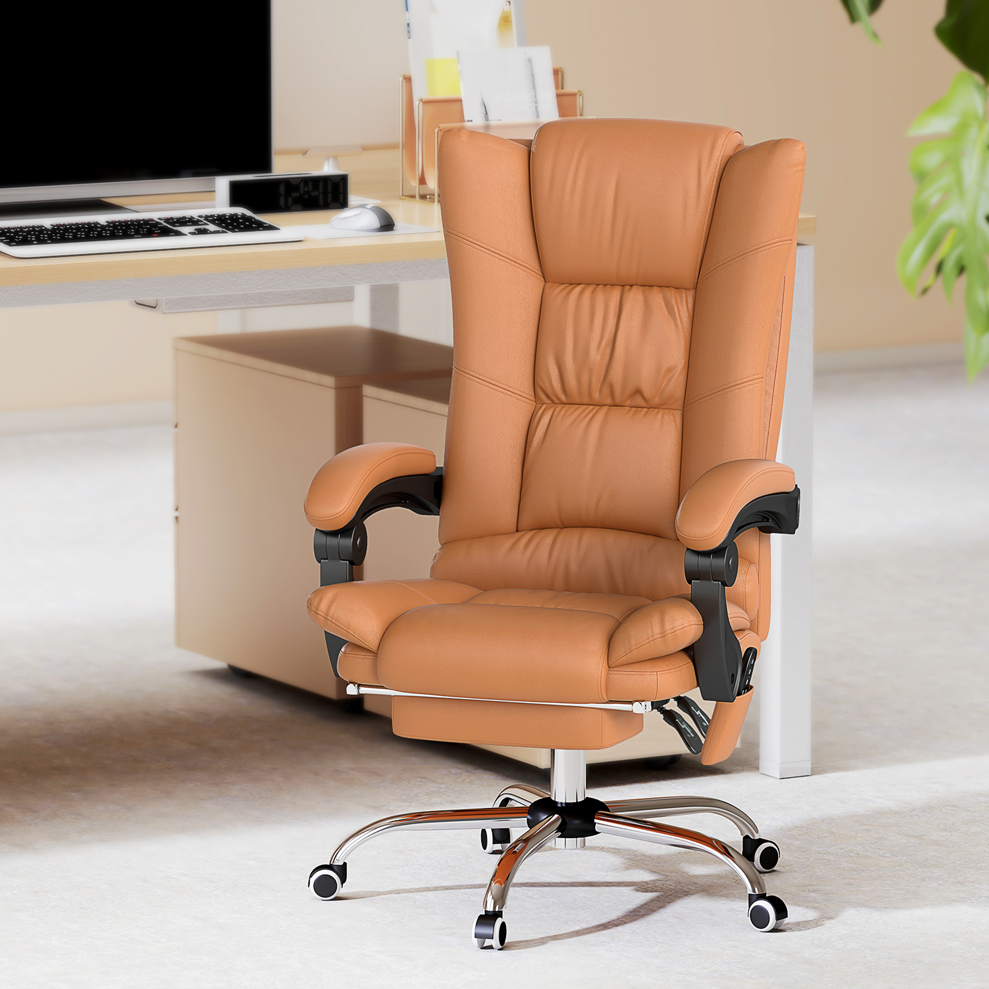 Massage-Bürostuhl, Schreibtischstuhl mit Heizfunktion, Drehstuhl, Liegefunktion, höhenverstellbarer PC-Stuhl, Hellbraun