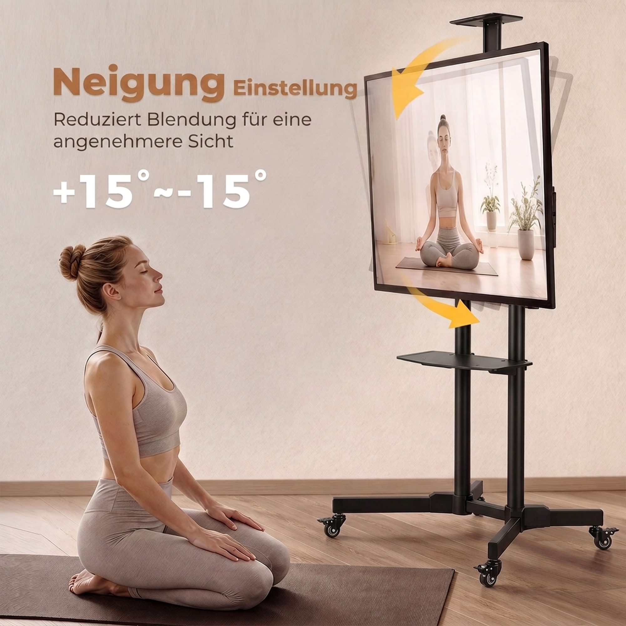 mobiler TV-Ständer auf Rollen für 32-75 Zoll, TV-Rollwagen neigbar, höhenverstellbar, mit Feststellrollen, Schwarz