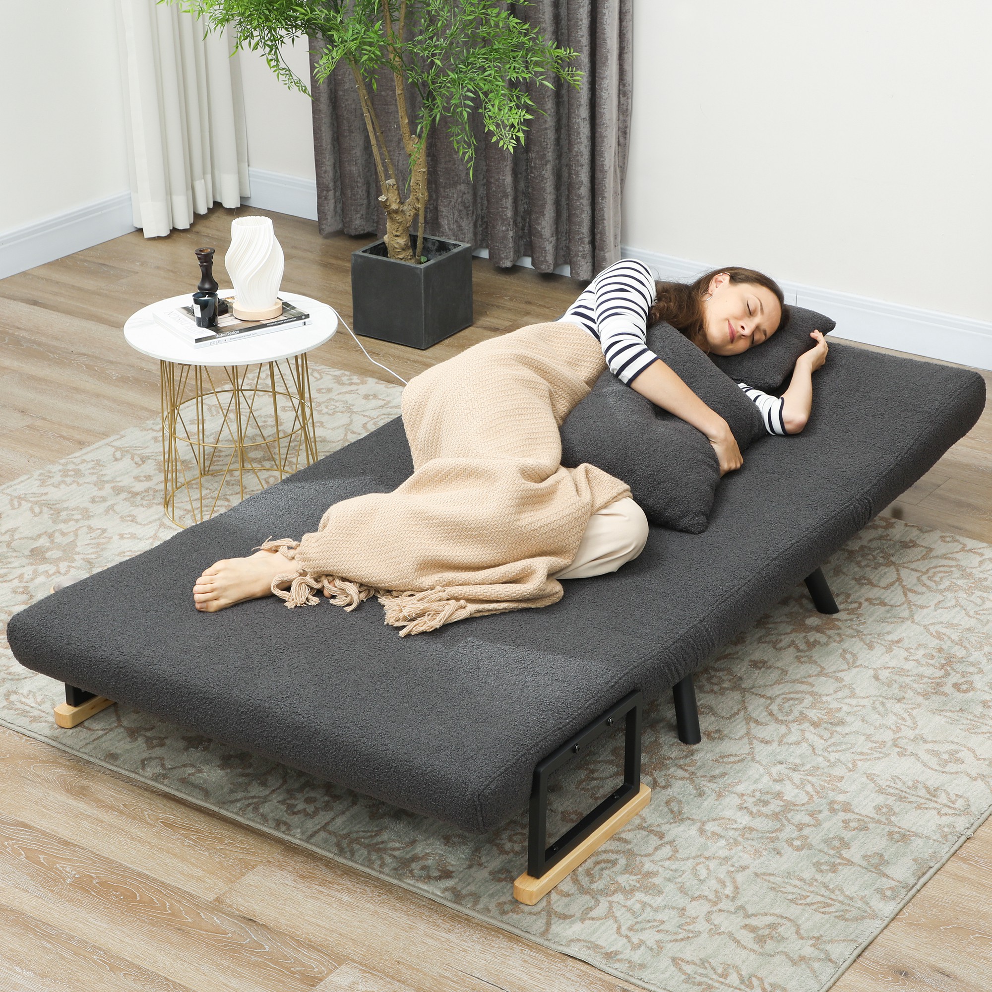 Schlafsofa 2er-Sofa mit Schlaffunktion, inkl. 2 Kissen, Sherpa-Optik, Natur + Dunkelgrau + Schwarz