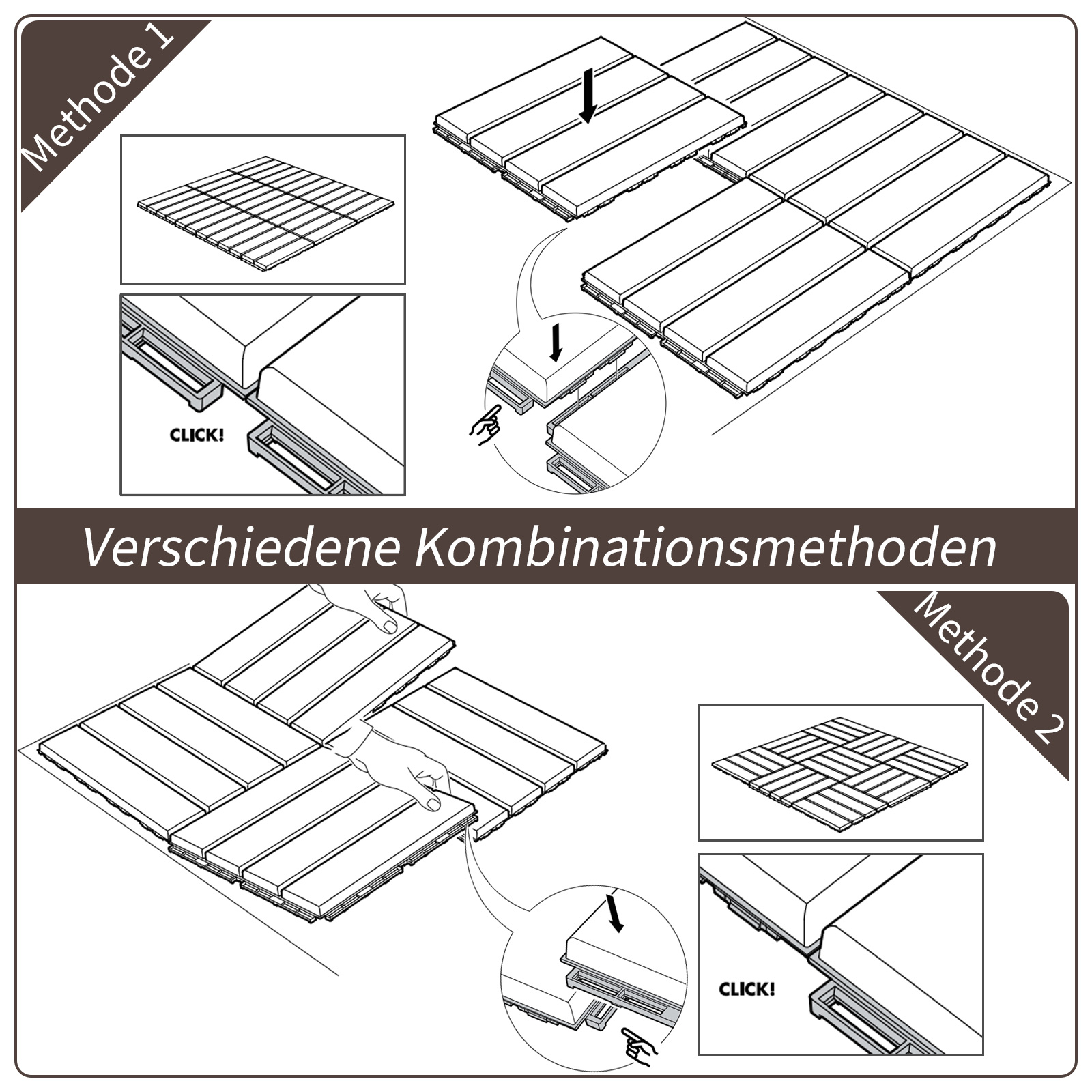 Terrassenfliesen 30 x 30 cm 9 Stück 0,81? Klickfliesen Balkonfliesen mit Klicksystem Drainagefunktion Bodenbelag Fliese für Terrasse Balkon Braun