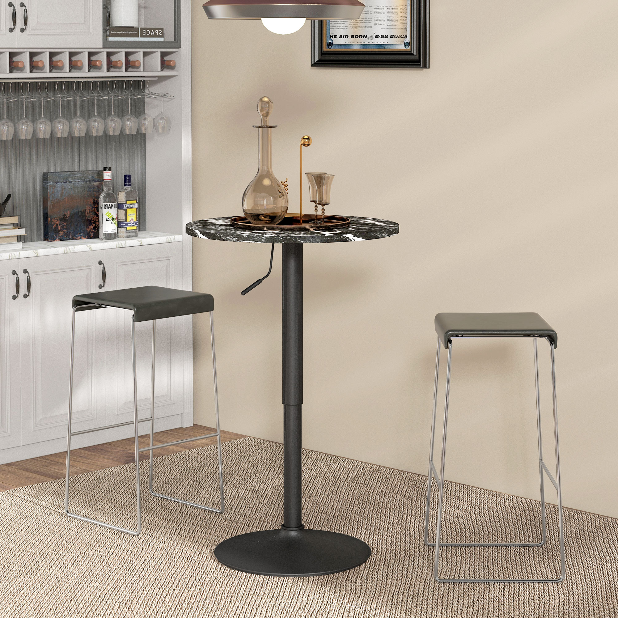 Bartisch für 2 Personen, höhenverstellbar, Marmoroptik, 60 x 60 x 68-93,5 cm, Schwarz