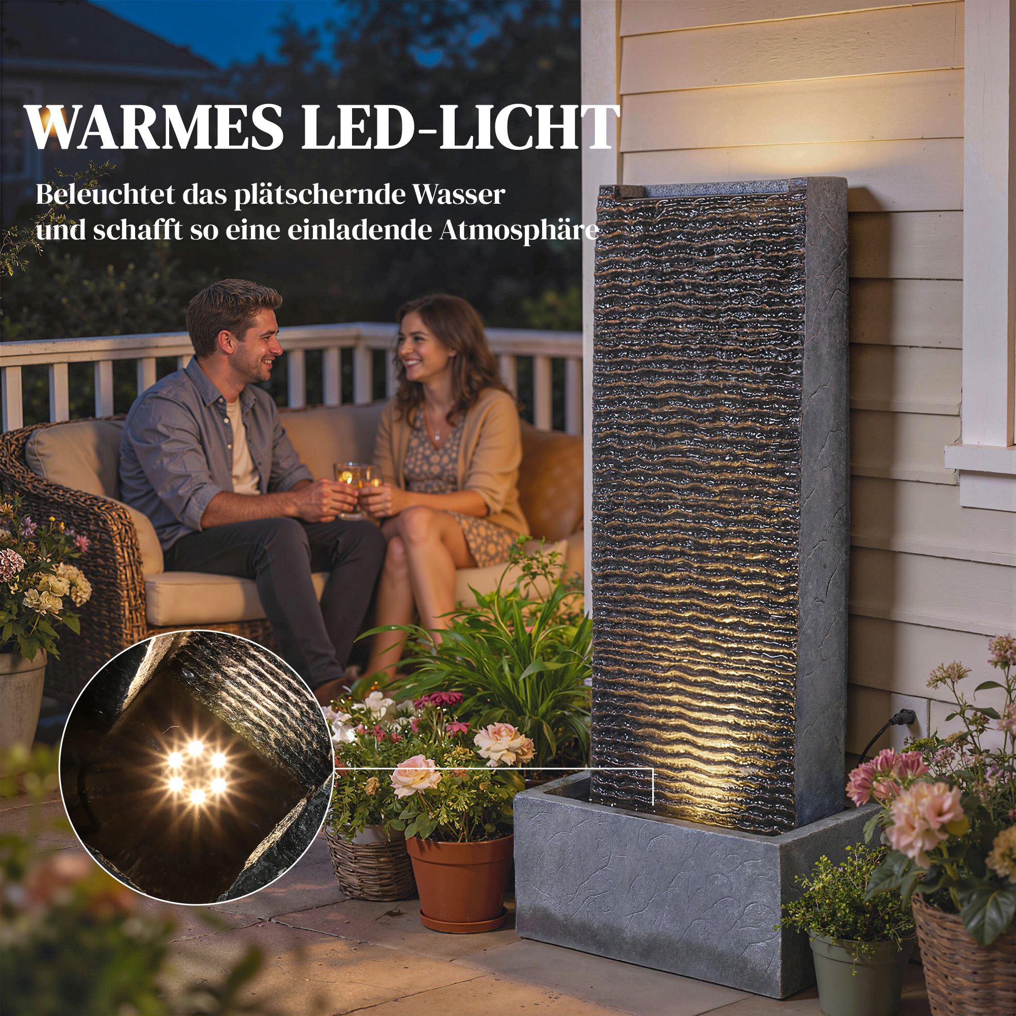 Springbrunnen 2-stufig Gartenbrunnen mit LED Beleuchtung Pumpe Granitoptik 37,5 x 22 x 80 cm