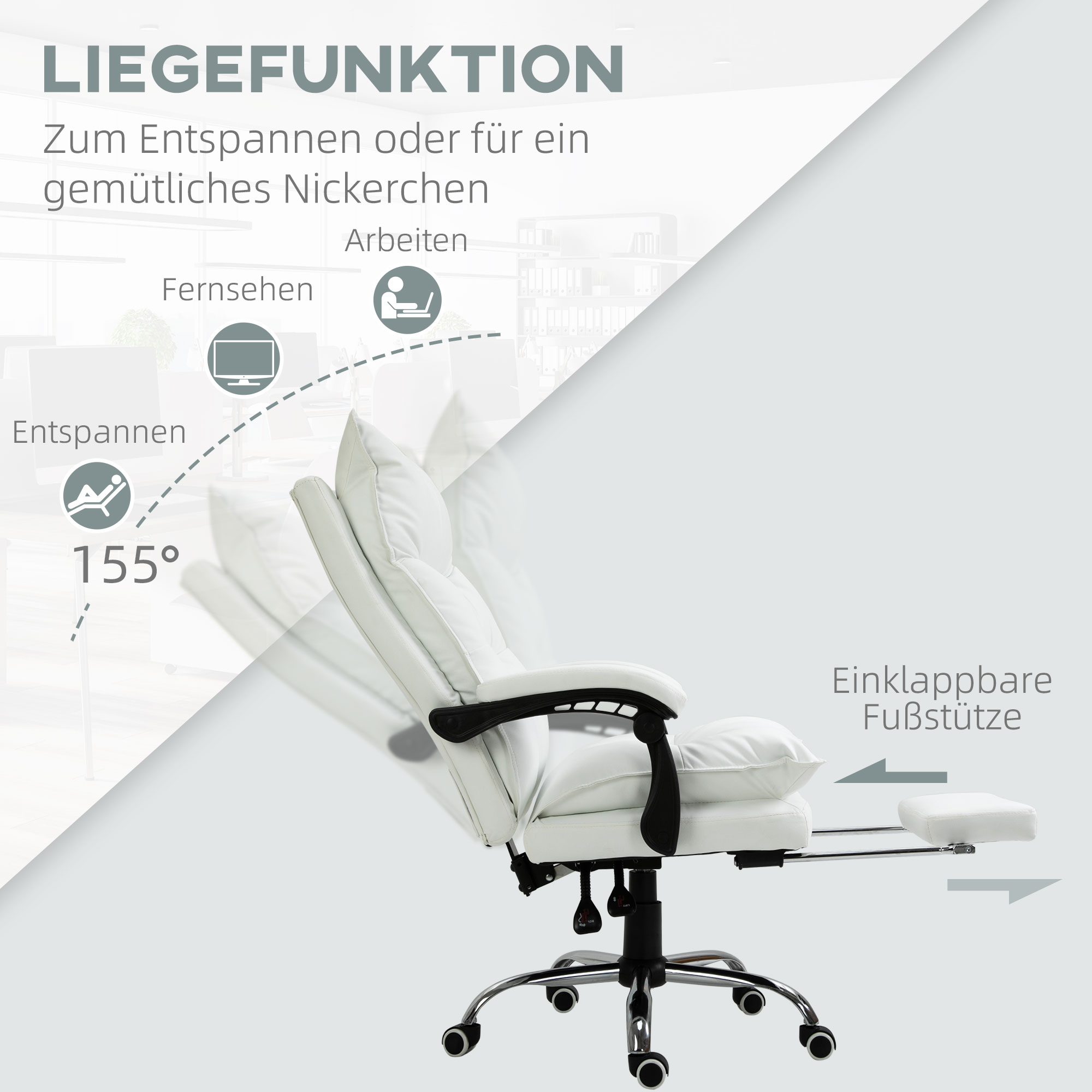 Bürostuhl mit Liegefunktion, ergonomisch höhenverstellbar  mit Fußstütze, gepolstert, bis 135 kg belastbar, 66 x 72 x 122-130 cm, Weiß