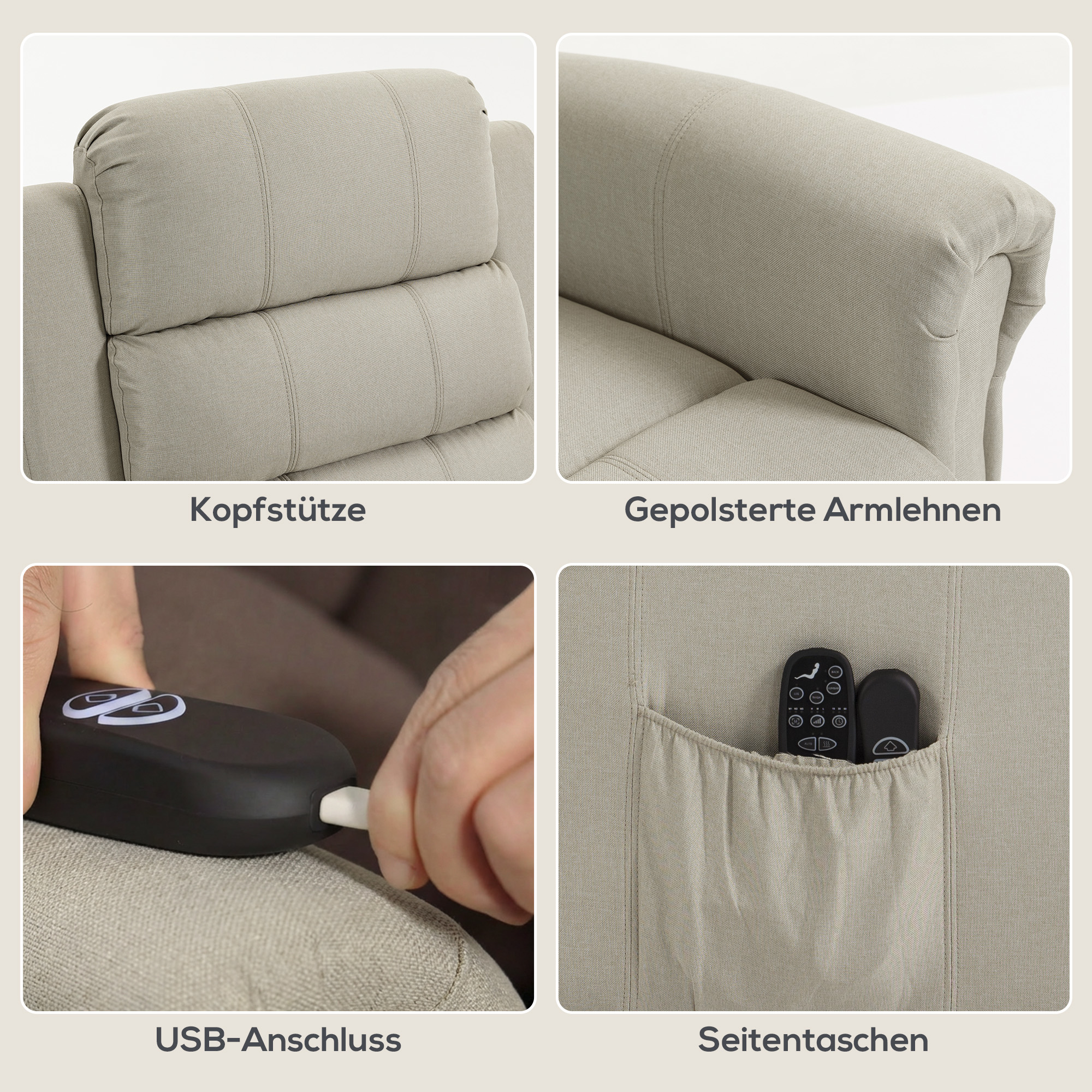 Massagesessel mit Aufstehhilfe, Relaxsessel, Vibrationsköpfe, mit Neigefunktion, Leinenoptik, Beige