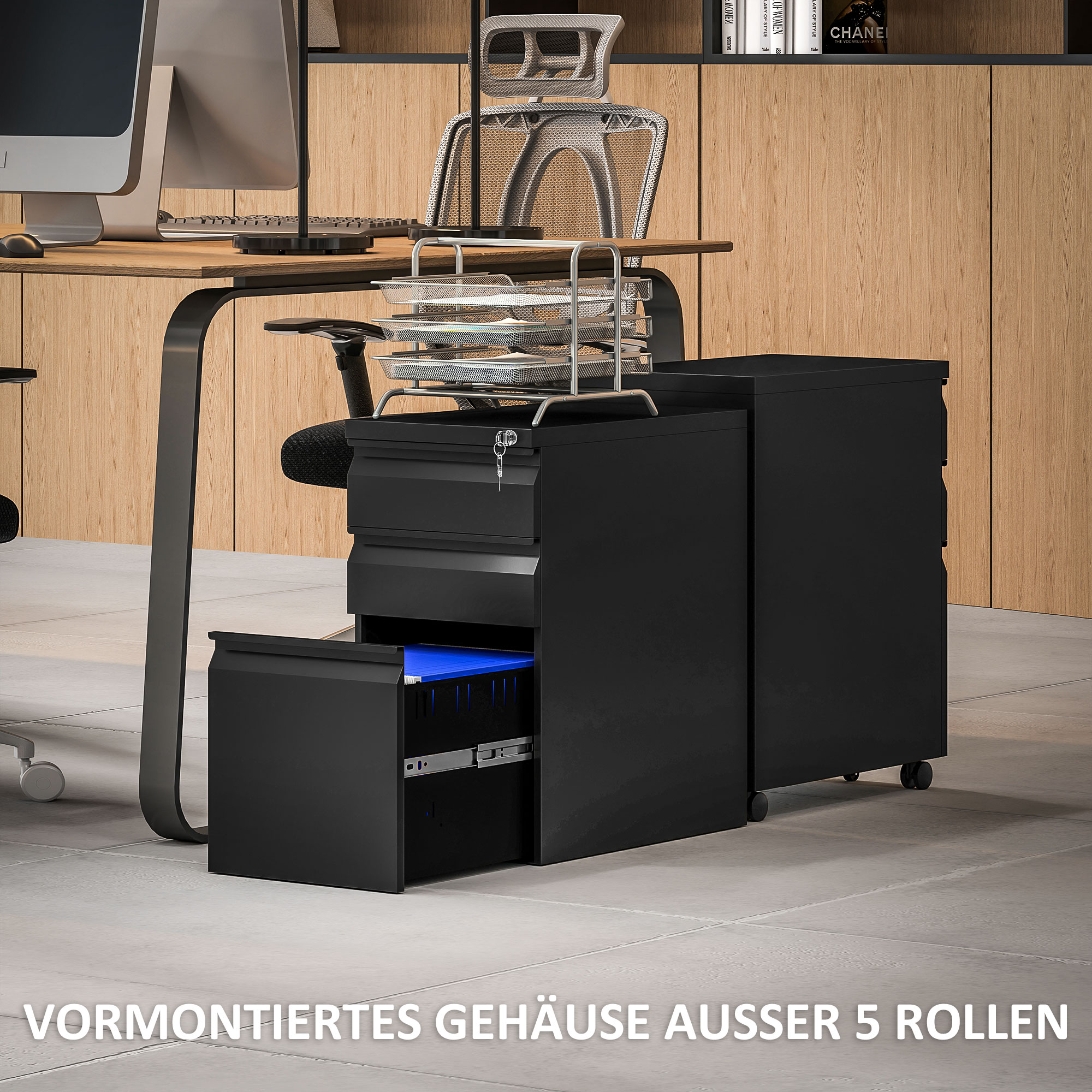 Aktenschrank aus Metall, Büroschrank, 3 Schubladen, rollbar, Schwarz