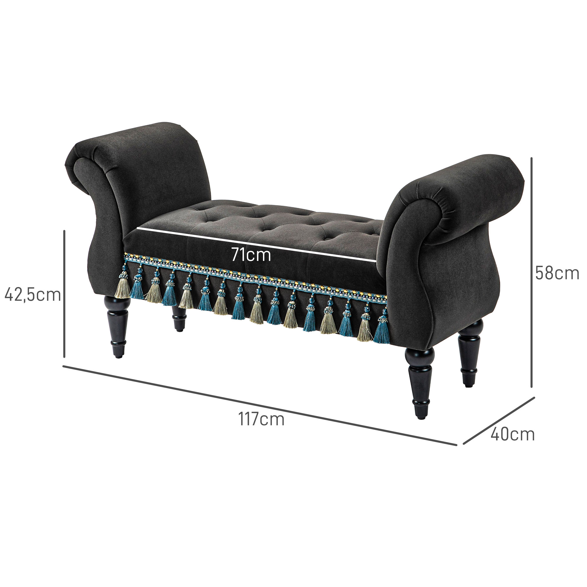 Polsterbank, Sitzbank, Vintage-Design, bis 150 kg, 117x40x58 cm, Dunkelgrau