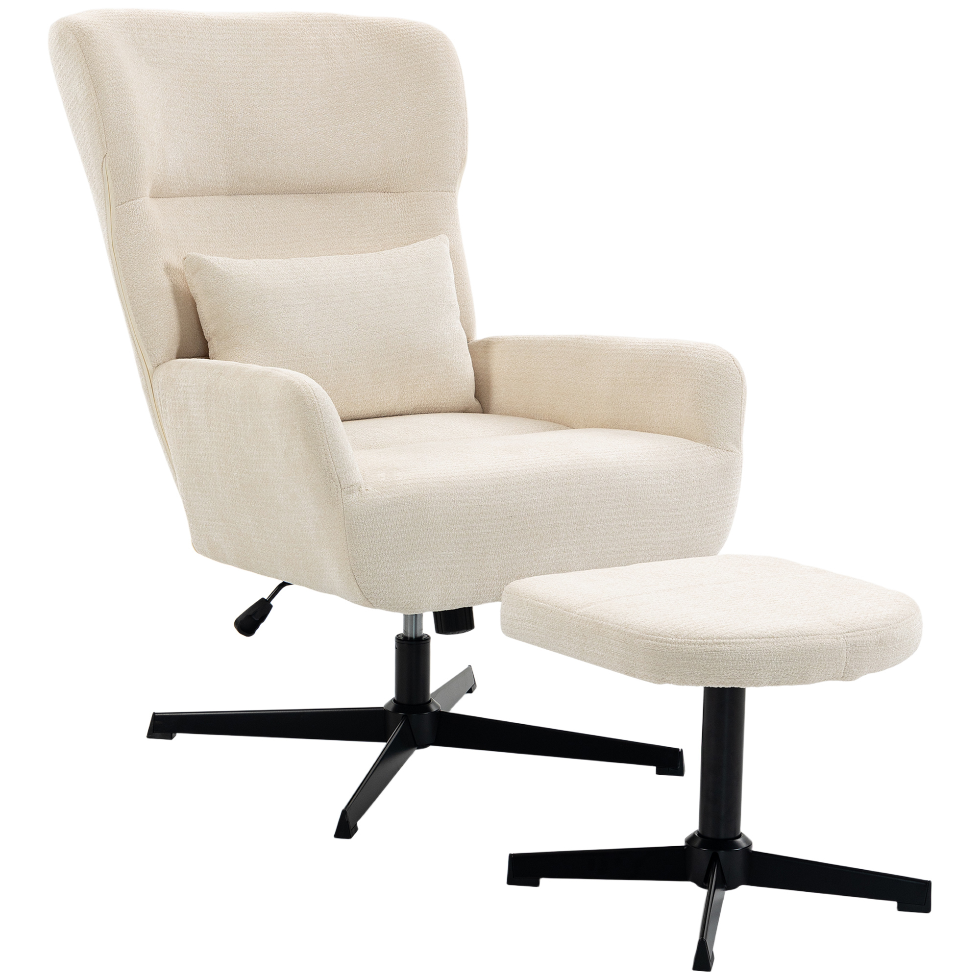 360° drehbarer Loungesessel mit Hocker, höhenverstellbar, Chenille-Bezug, mit Lendenkissen, Cremeweiß
