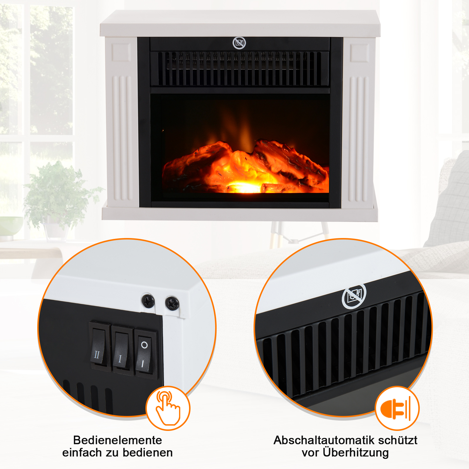 Elektrokamin mit Heizung, elektrischer Kamin mit LED Flammeneffekt, 600/1200W Dekokamin, elektrisch Kaminfeuer Kaminofen, Weiß
