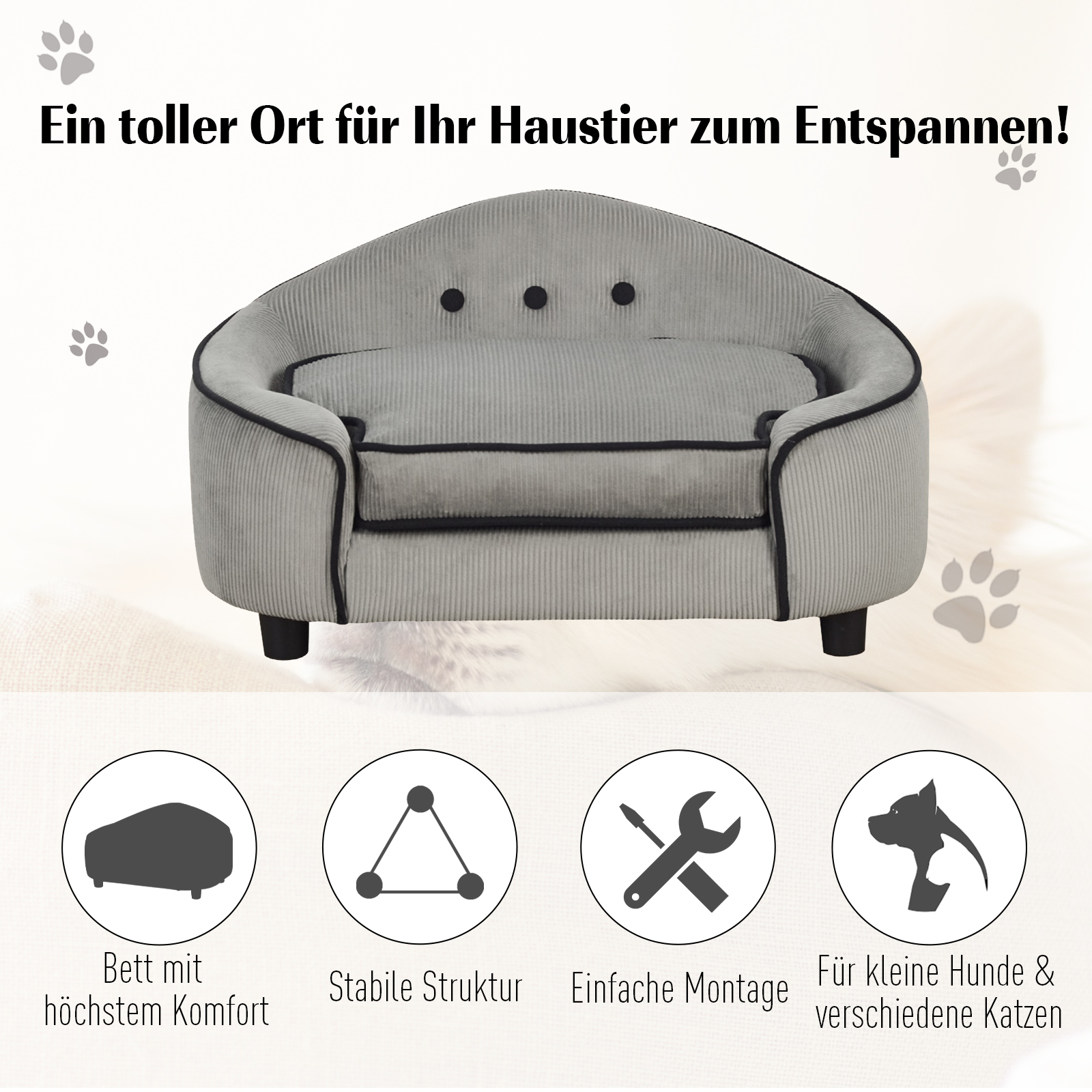 Haustiersofa, Hundebett, Hundematte, Hundesofa, Naturholz+Plüsch, Grau, 66,5 x 45 x 35,5 cm