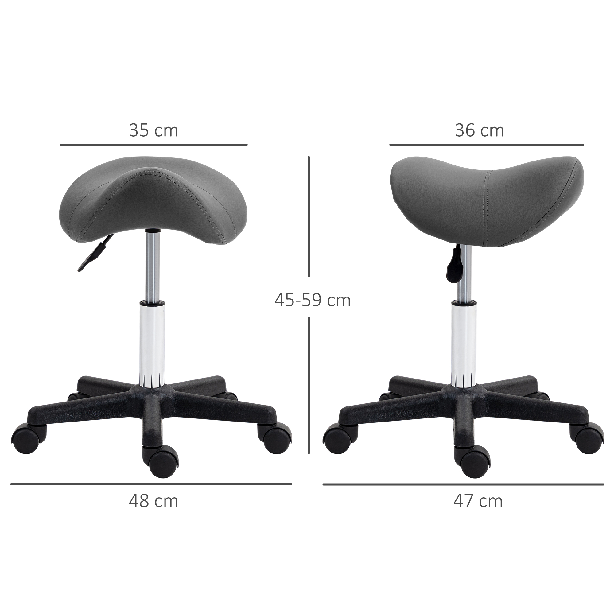 Rollhocker, sattelförmiger Sitz, höhenverstellbar, um 360° drehbar, Kunstleder, grau, 48 x 47 x 45-59 cm
