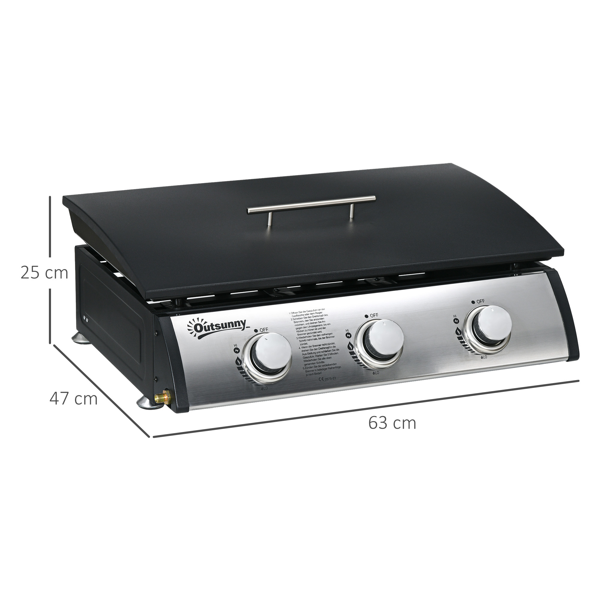 Gasgrill mit Deckel, 3 Brennern, Fettauffangschale, antihaft-Platte, 63x47x25 cm, Schwarz/Silber