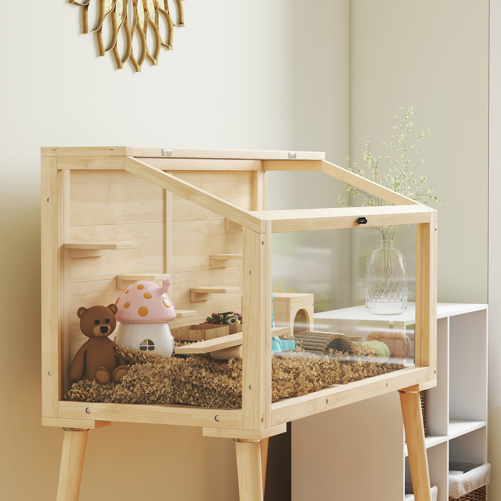 Hamsterkäfig, Zwerghamstergehege, Kleintierstall mit Zubehör, Wasserflasche, 110 x 52 x 101 cm, Holz, Kunststoff