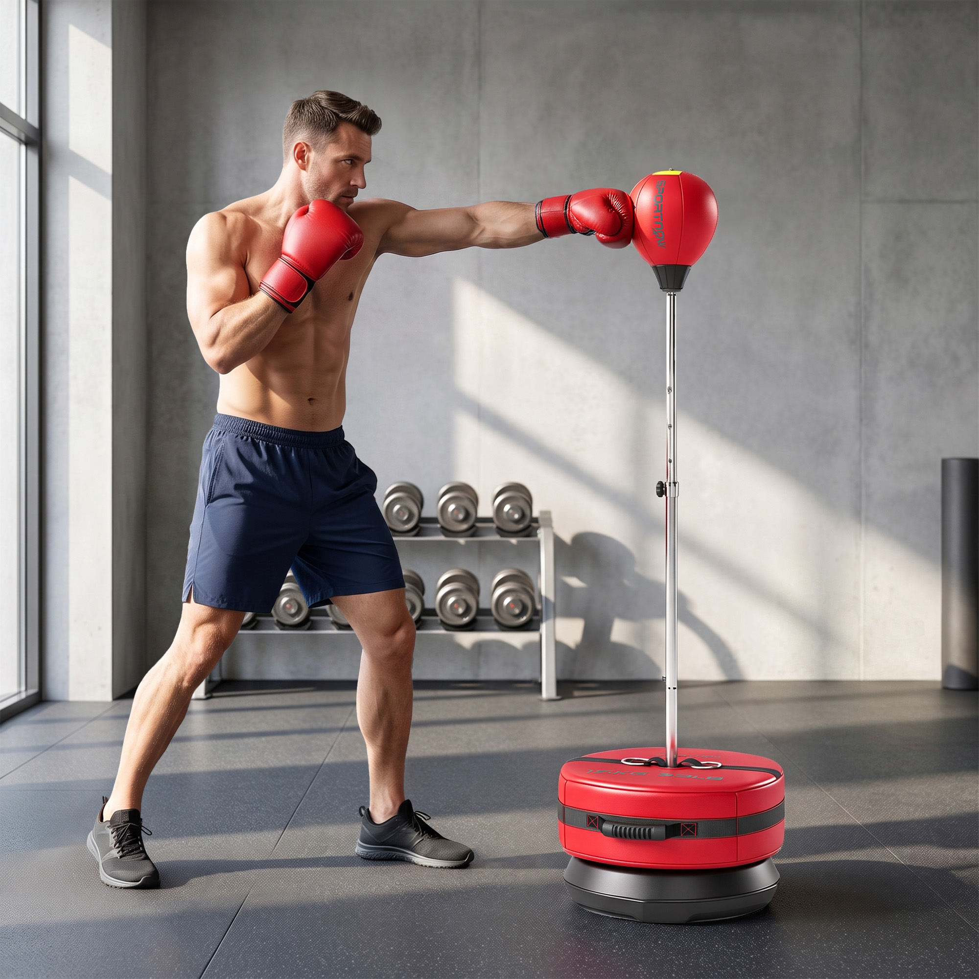 Boxsack mit Standfuß, 125-145 cm höhenverstellbares Box-Set, freistehender Speedball mit Handschuhen und Luftpumpe