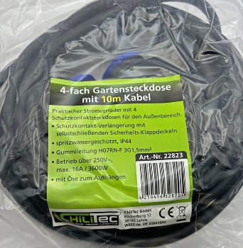 Werkstatt-Steckdose, 4-fach, 10m Kabel / IP44, mit Aufhänger, H07RN-F 3G1,5mm²
