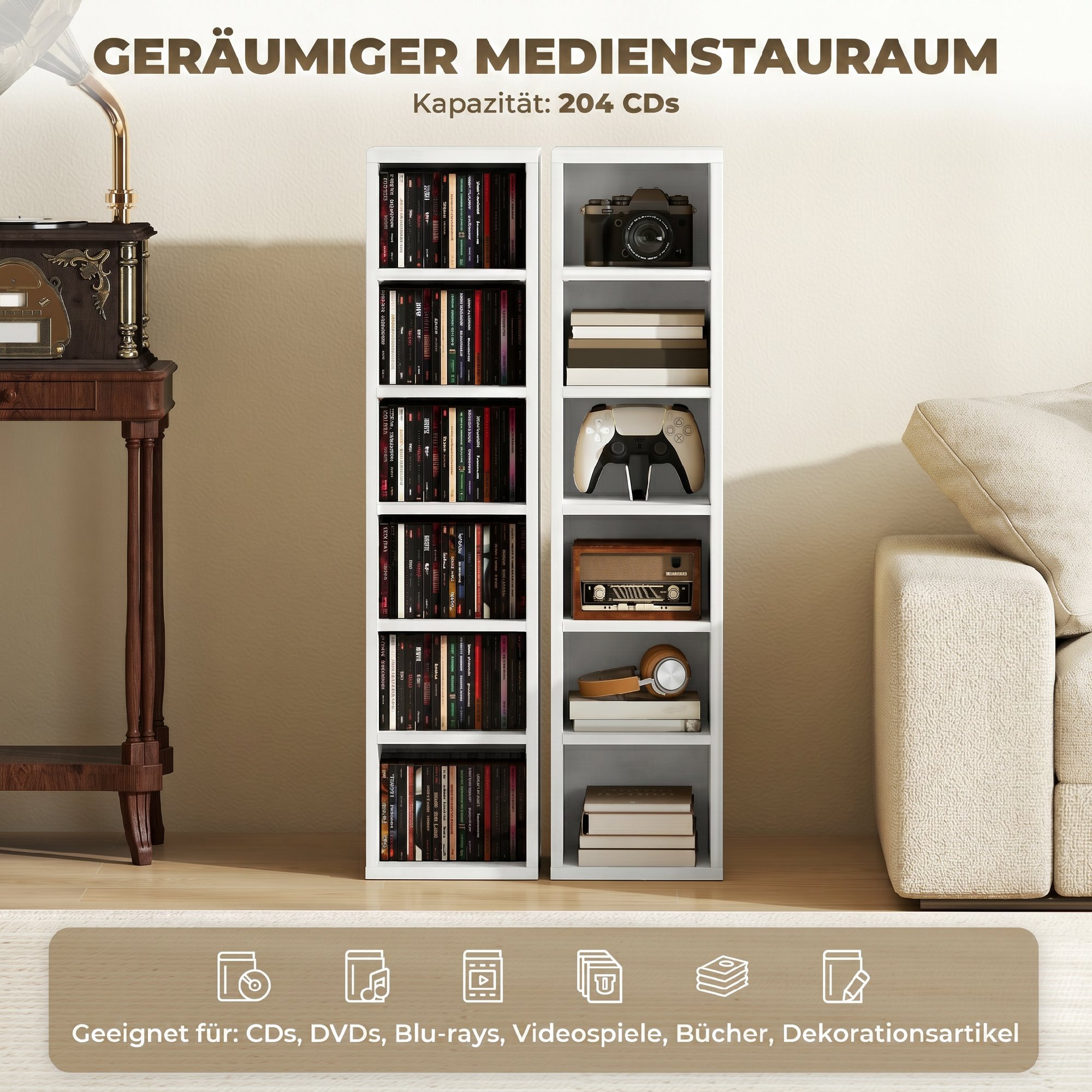 204 CD-Aufbewahrungsregale im 2er-Set, Blu-Ray-Turmständer mit verstellbaren Regalböden, Bücherregal-Organizer, Weiß